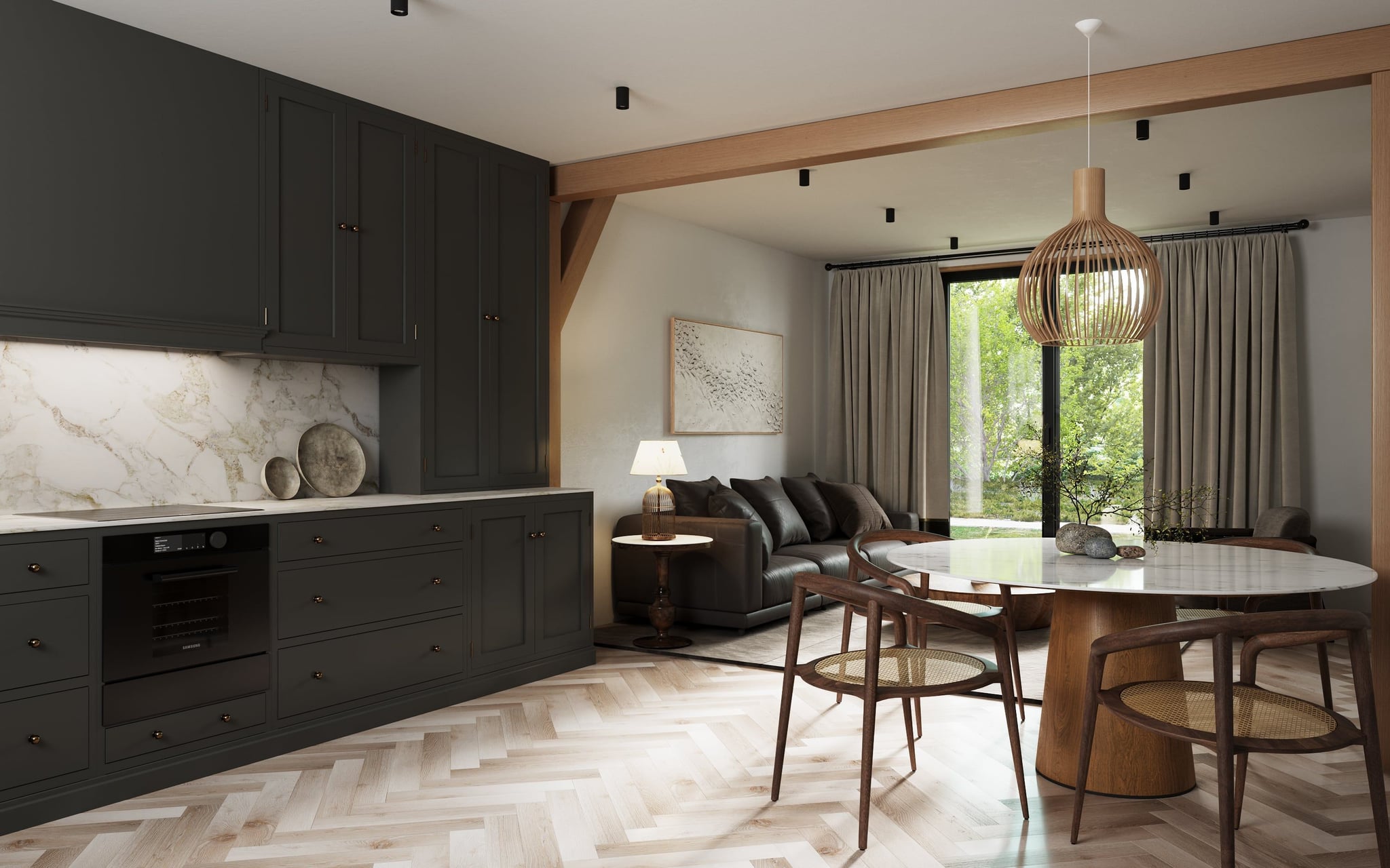 3D architectural Visualization of dining area and kitchen in eco apartment in Rügen, Germany 3D architectural Visualization of dining area and kitchen in eco apartment in Rügen, Germany