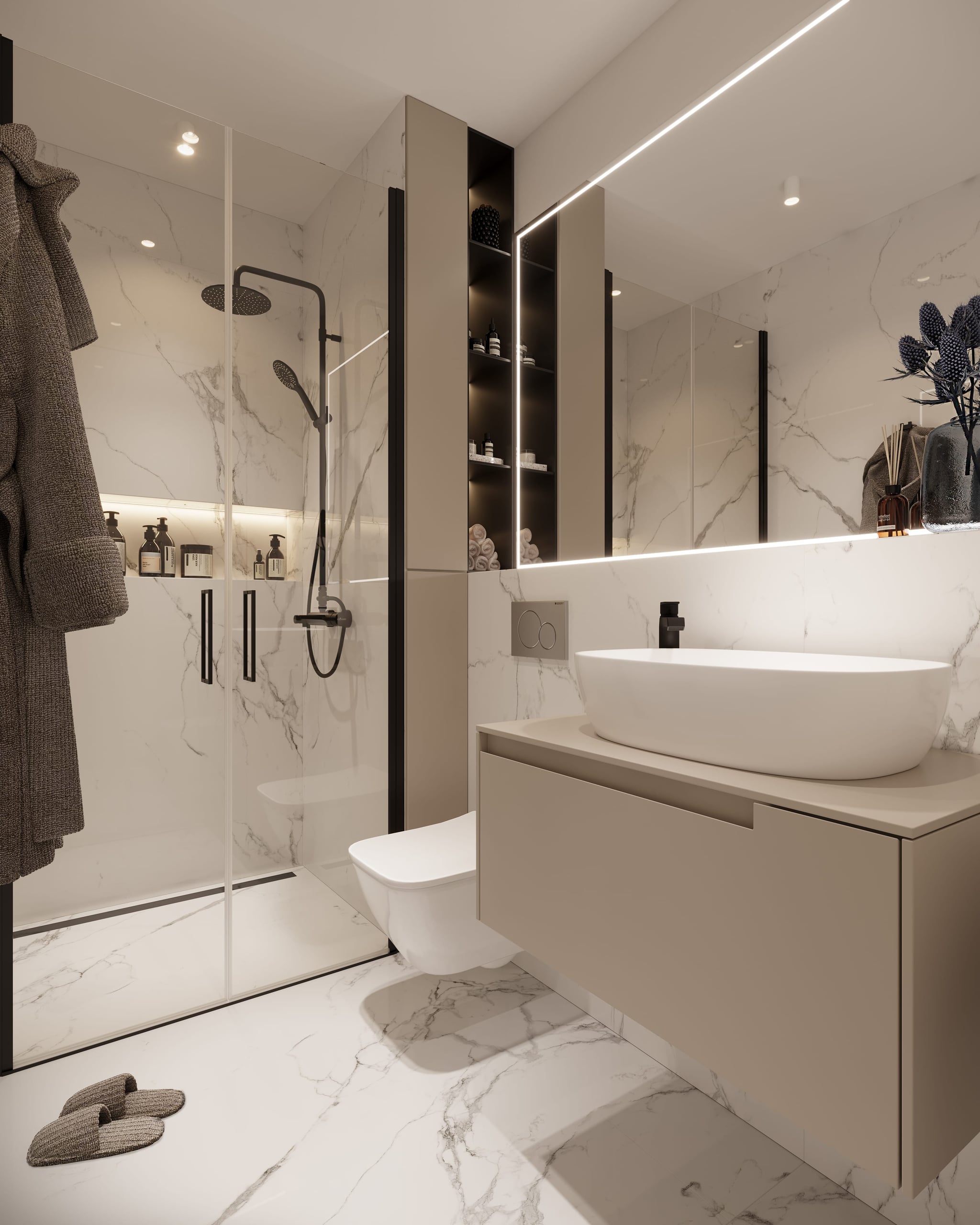 Badezimmer-Visualisierung mit hochwertigen Materialien und zeitgemäßem Design im Brahmsallee Projekt. Badezimmer-Visualisierung mit hochwertigen Materialien und zeitgemäßem Design im Brahmsallee Projekt.