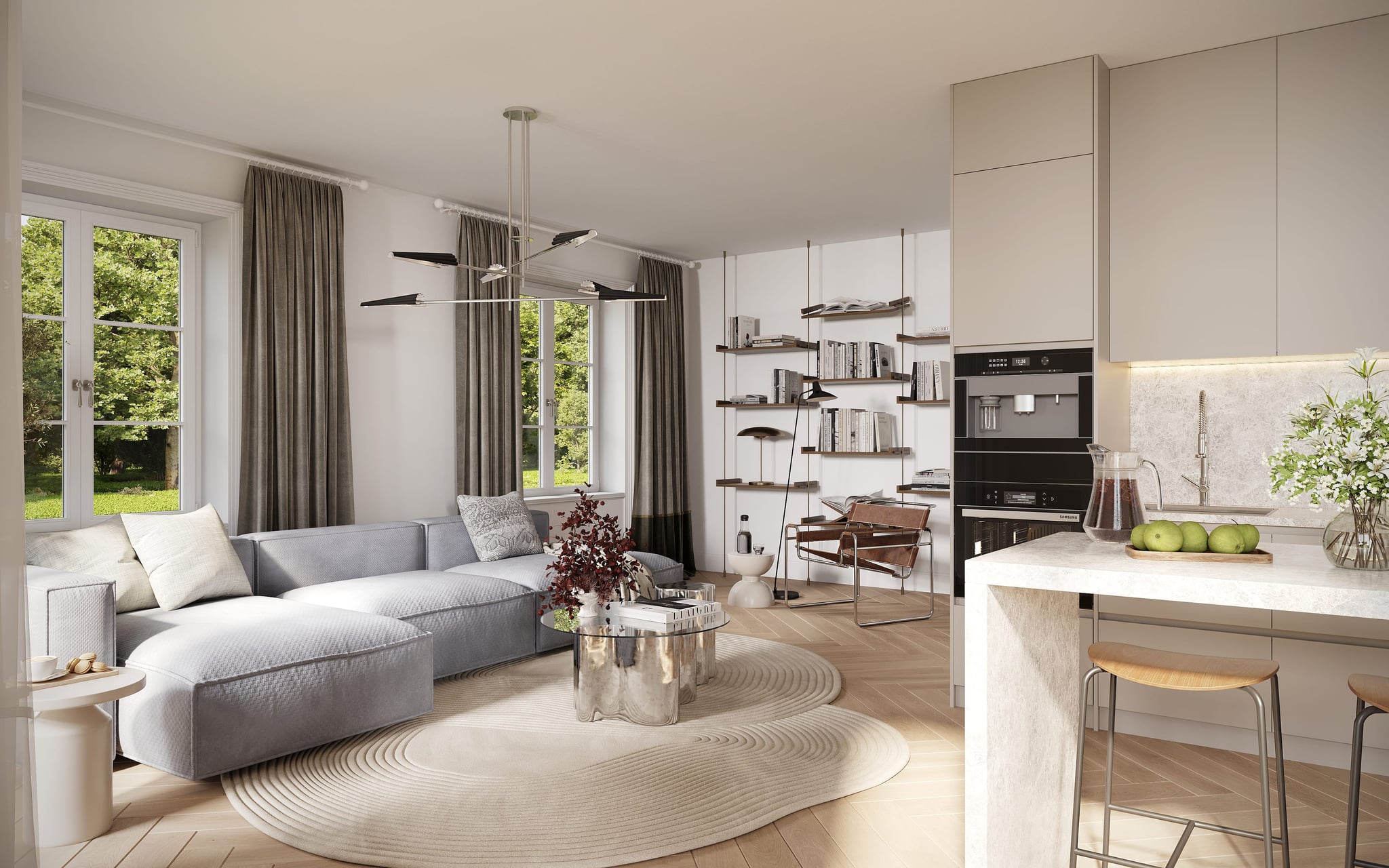 Wide view of kitchen-living-dining open layout with light wood flooring, soft grey sofa, and modern lighting, showcasing the fluid interior design. Wide view of kitchen-living-dining open layout with light wood flooring, soft grey sofa, and modern lighting, showcasing the fluid interior design.