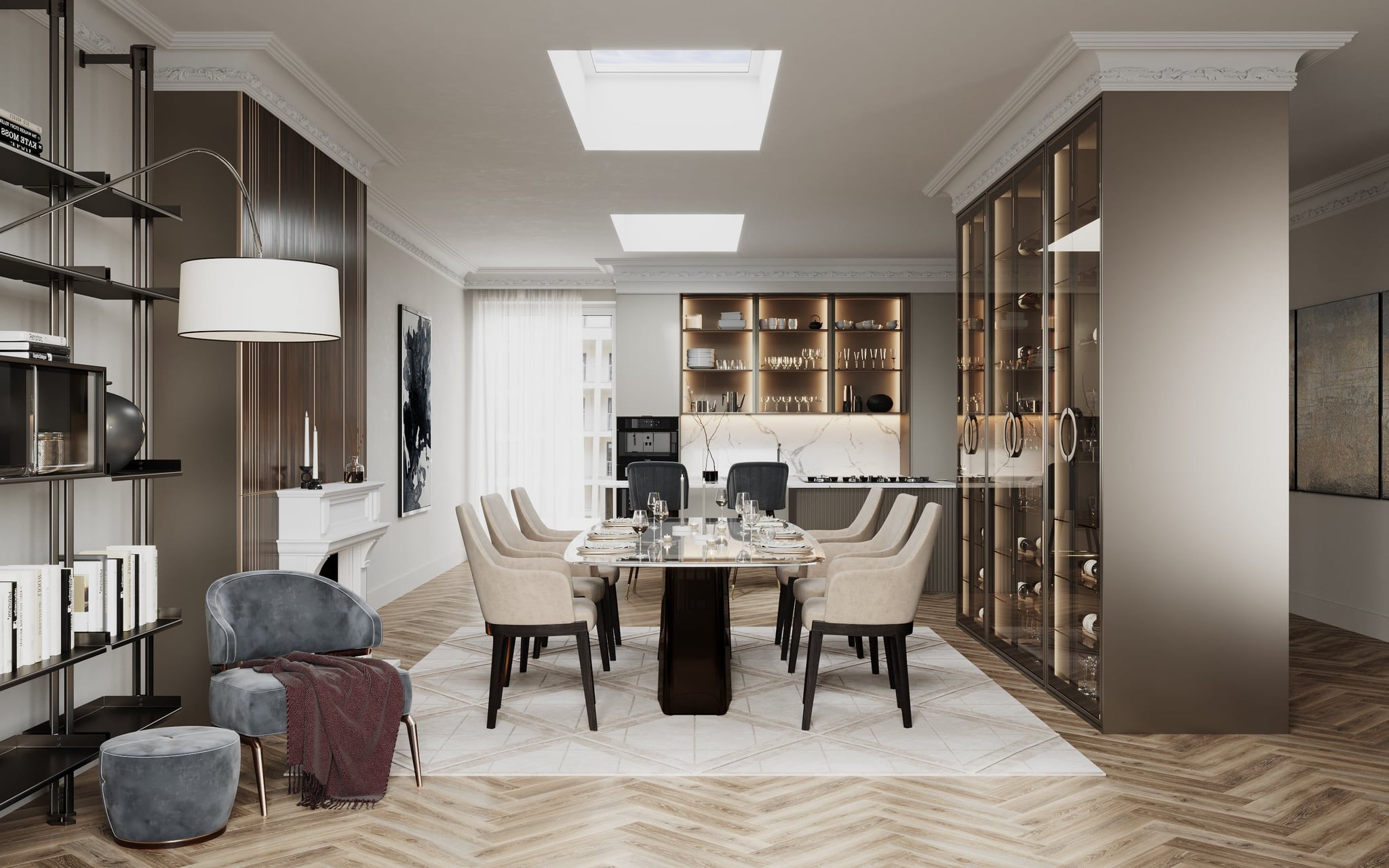 3D architectural Visualization of open space dining room in renovated old building apartment, Hamburg Germany 3D architectural Visualization of open space dining room in renovated old building apartment, Hamburg Germany