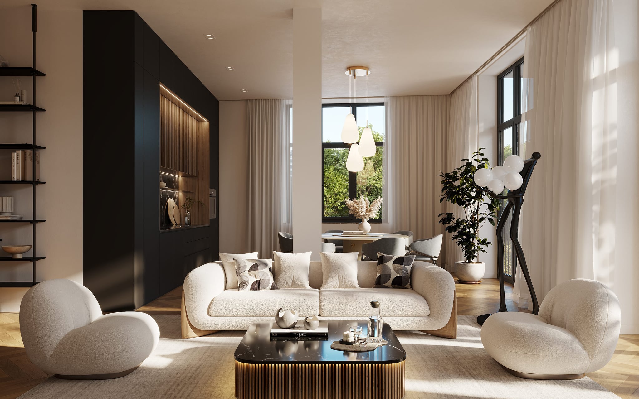 3D rendering of a living room interior in the Kreuzgasse multifamily housing project, featuring modern furnishings and large windows with natural light. 3D rendering of a living room interior in the Kreuzgasse multifamily housing project, featuring modern furnishings and large windows with natural light.