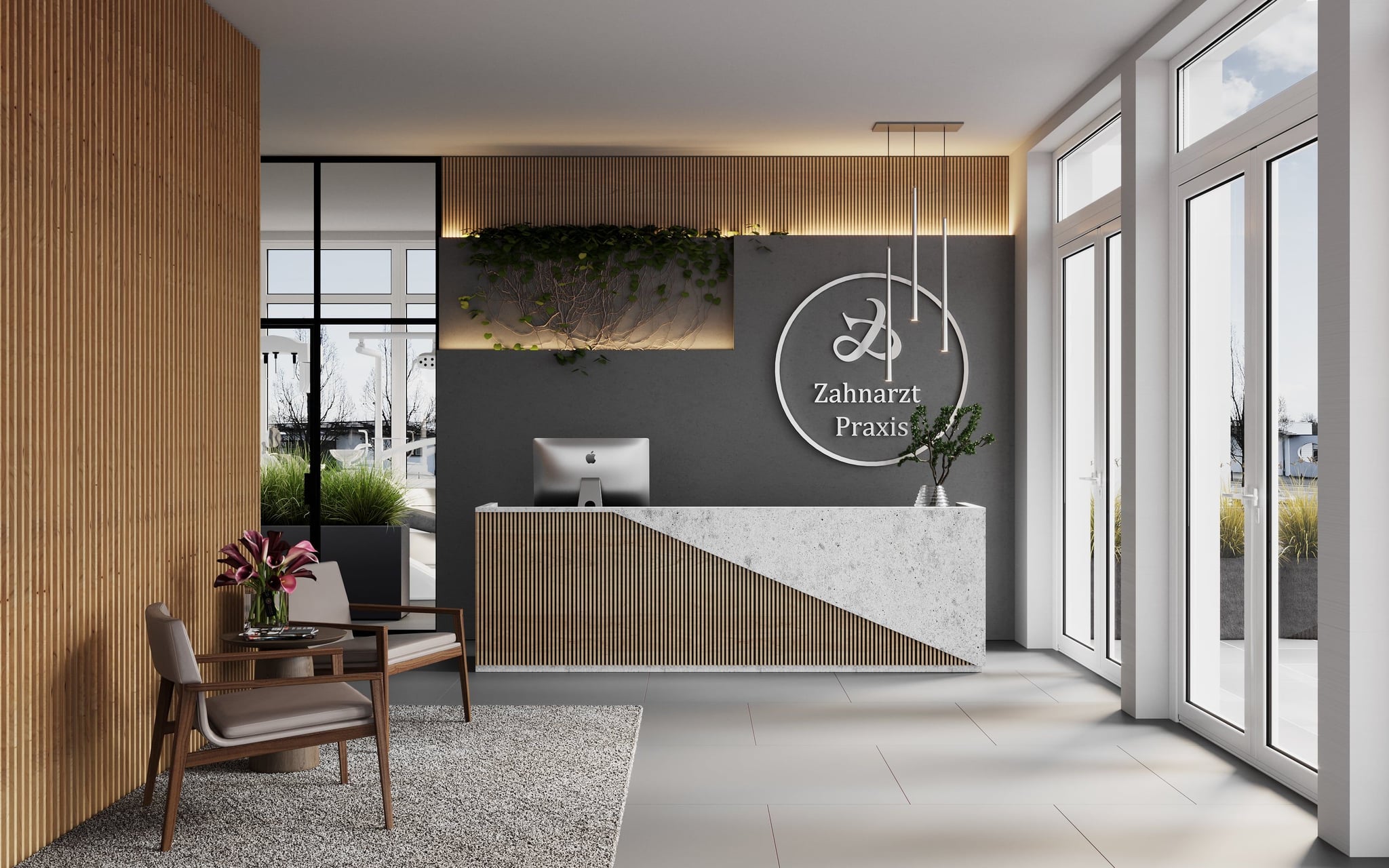 3D Innenvisualisierung von Büroräumen für Zahnarztpraxis in einem Neubau Mehrfamilienhaus in Künzelsau, Deutschland 3D Innenvisualisierung von Büroräumen für Zahnarztpraxis in einem Neubau Mehrfamilienhaus in Künzelsau, Deutschland