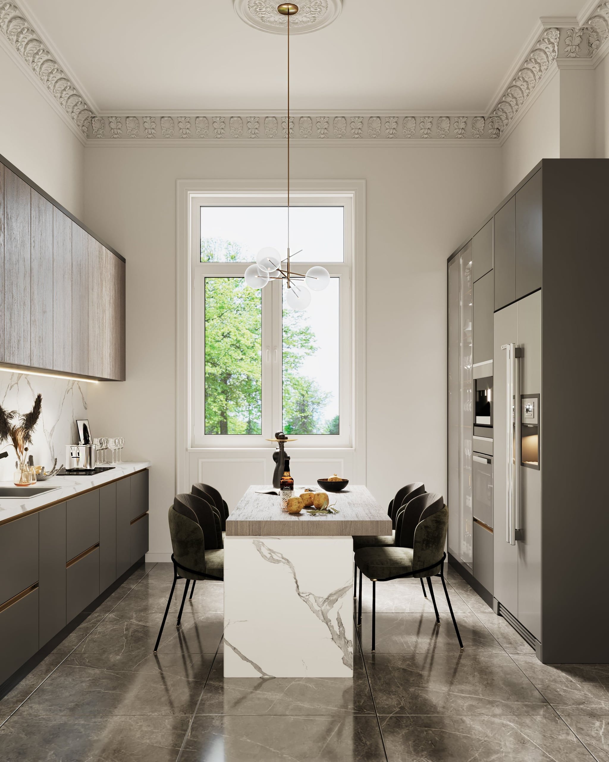 3D Interior Visualization of kitchen with kitchen island in renovated historical apartment in Fliederstrasse, Hamburg 3D Interior Visualization of kitchen with kitchen island in renovated historical apartment in Fliederstrasse, Hamburg