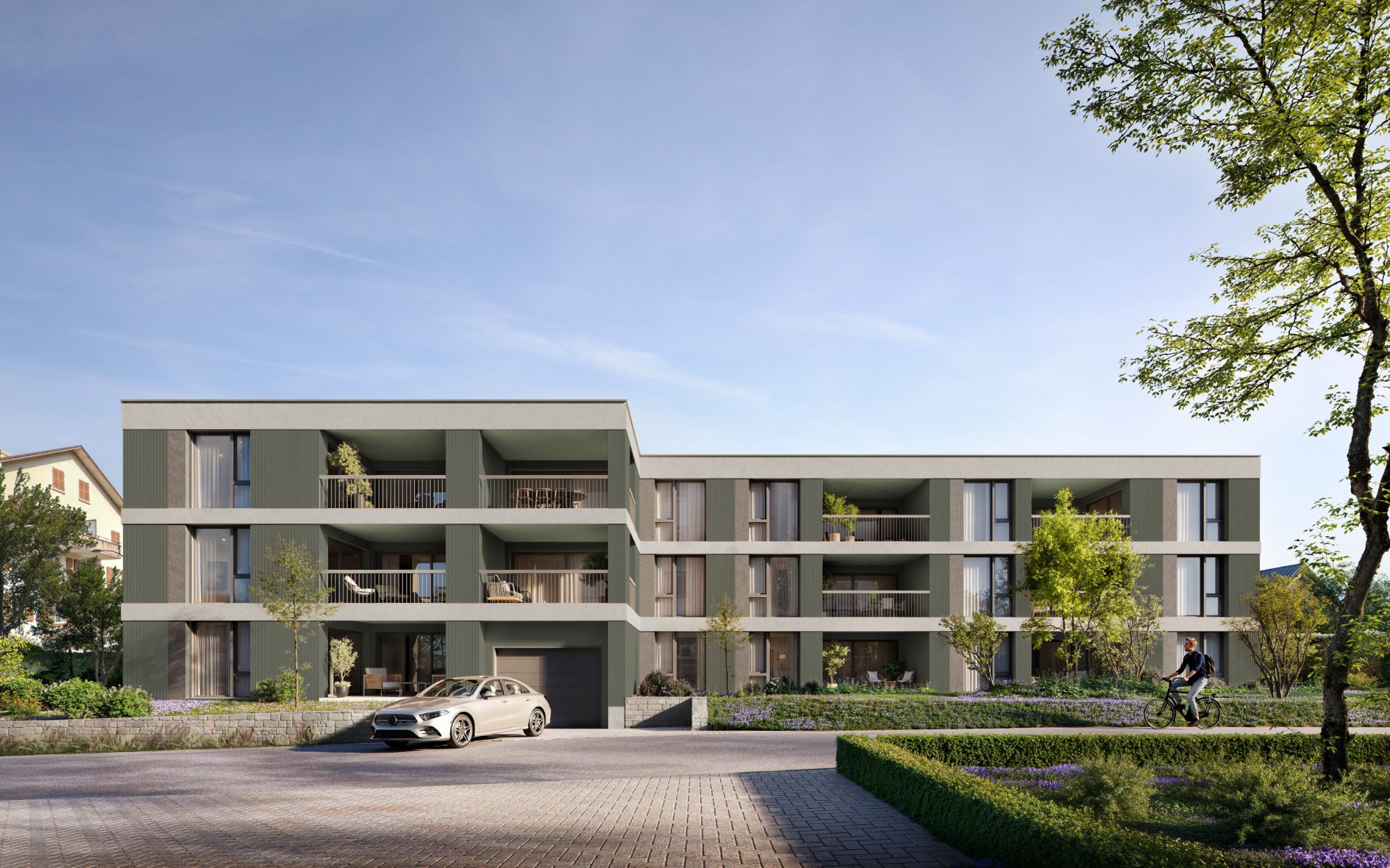 Fotorealistische 3D-Visualisierung von Aventis Neuenhof mit moderner Fassade, klaren Linien und umgeben von üppigem Grün sowie violett blühenden Bodendeckern.