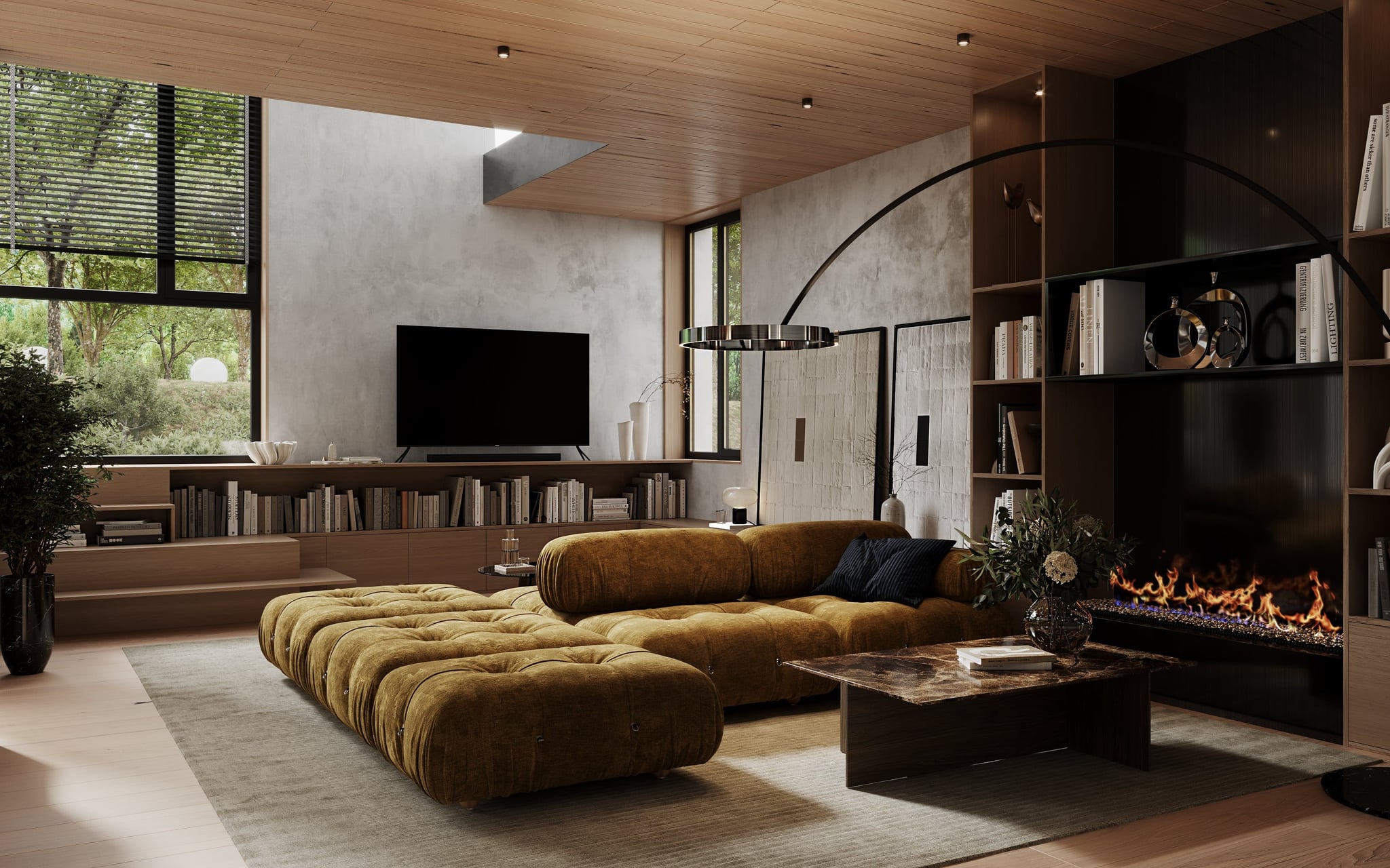 3D Architectural Visualization of living room with fireplace and library in private house Berlin, Germnay 3D Architectural Visualization of living room with fireplace and library in private house Berlin, Germnay