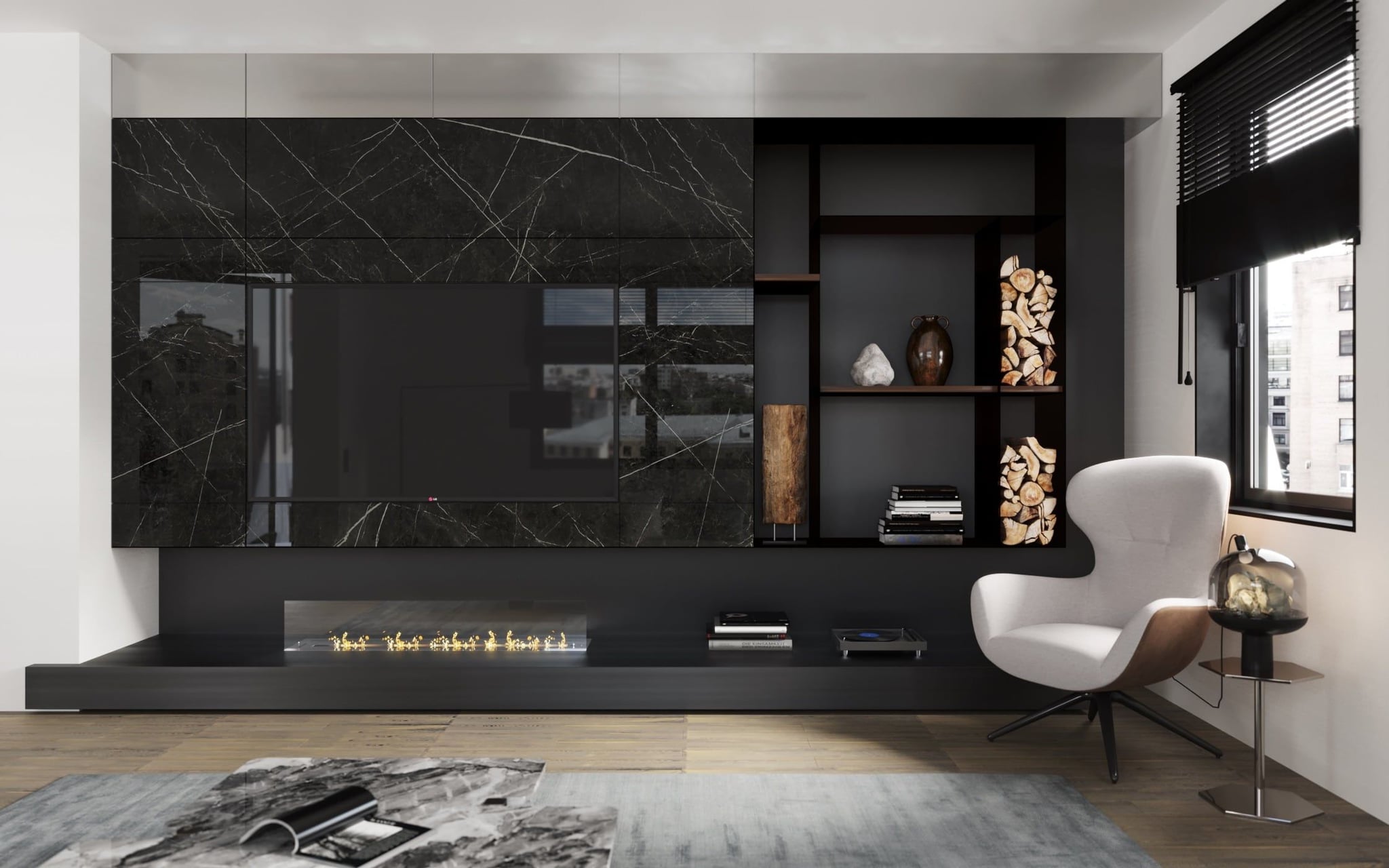 3D Interior Visualization of living room with chimney in Berlin apartment 3D Interior Visualization of living room with chimney in Berlin apartment
