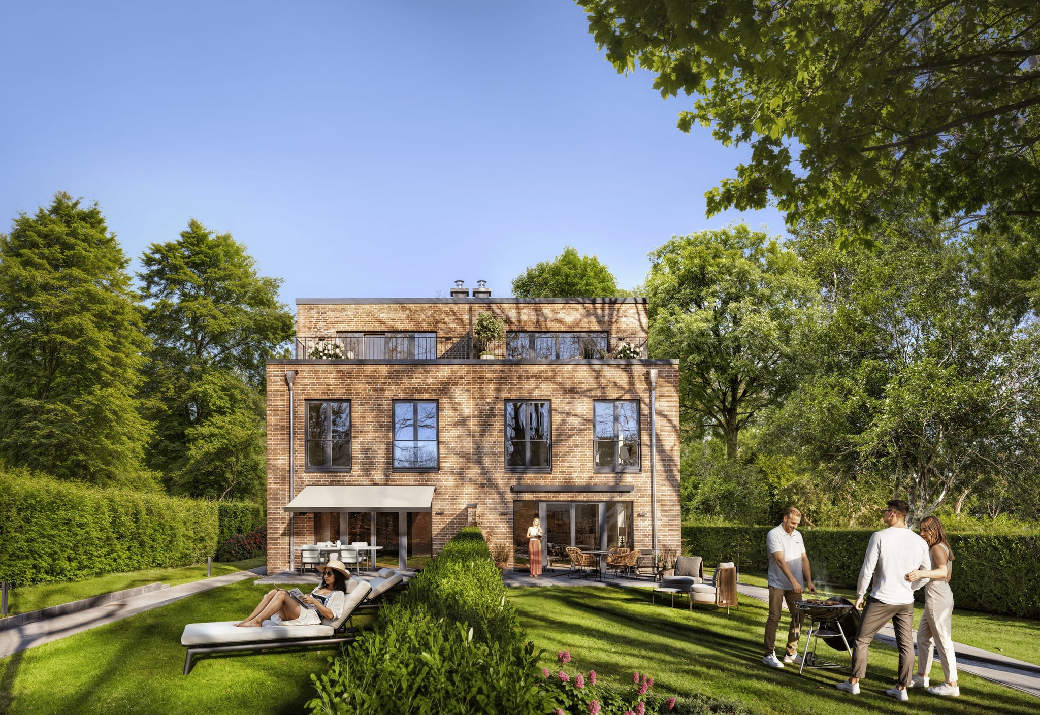 Rear view of the Cordstraße project showing the landscaped courtyard, balconies, and red brick façade in soft evening light. Rear view of the Cordstraße project showing the landscaped courtyard, balconies, and red brick façade in soft evening light.