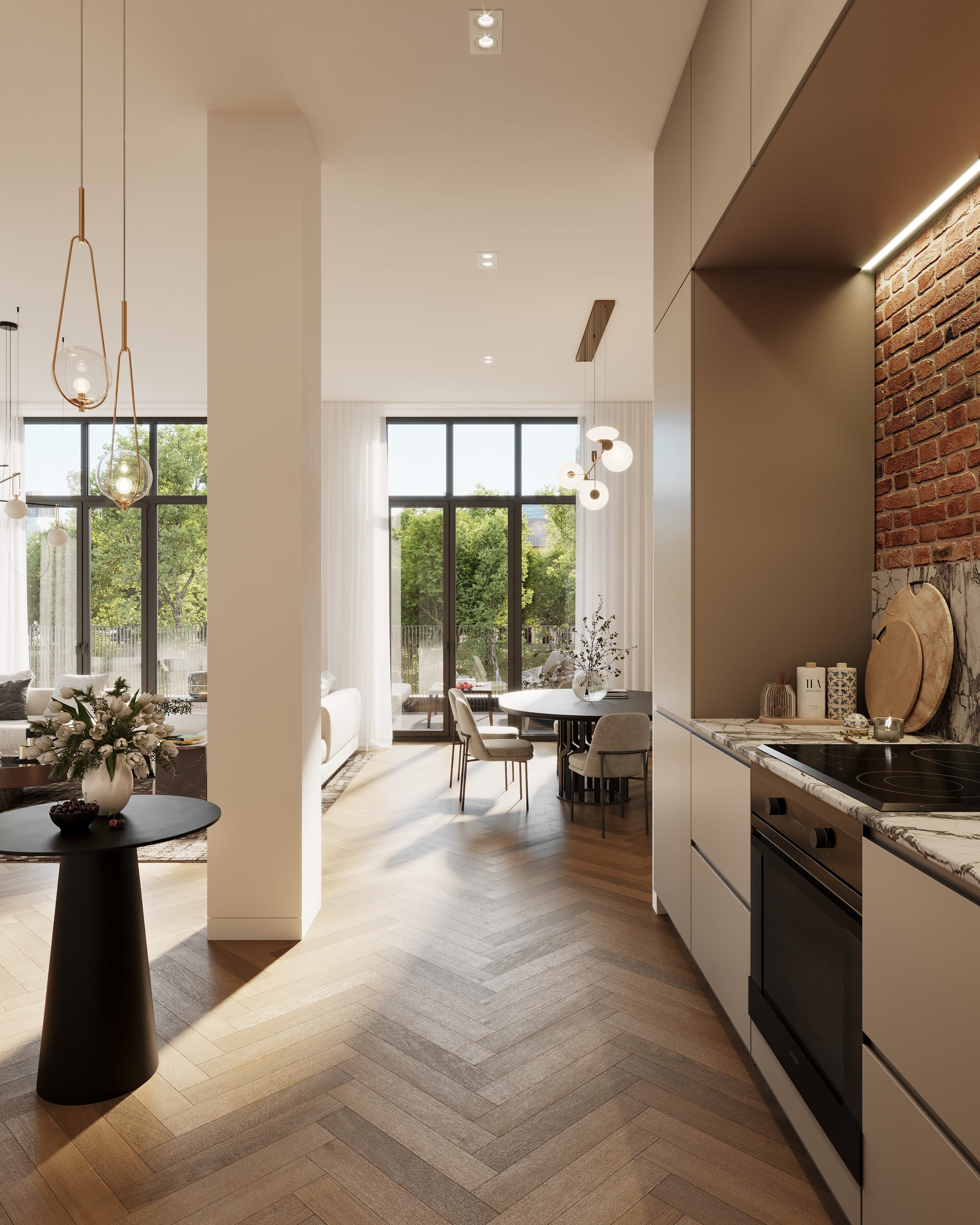 3D rendering of a living room interior in the Kreuzgasse multifamily housing project, featuring modern furnishings and large windows with natural light. 3D rendering of a living room interior in the Kreuzgasse multifamily housing project, featuring modern furnishings and large windows with natural light.