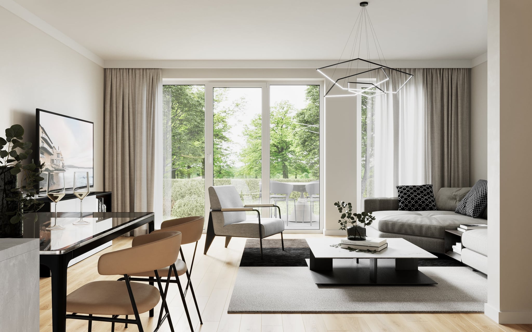 3D Architectural Visualization of living room with view to a garden and dining area in townhouse in Norderstedt Germany 3D Architectural Visualization of living room with view to a garden and dining area in townhouse in Norderstedt Germany