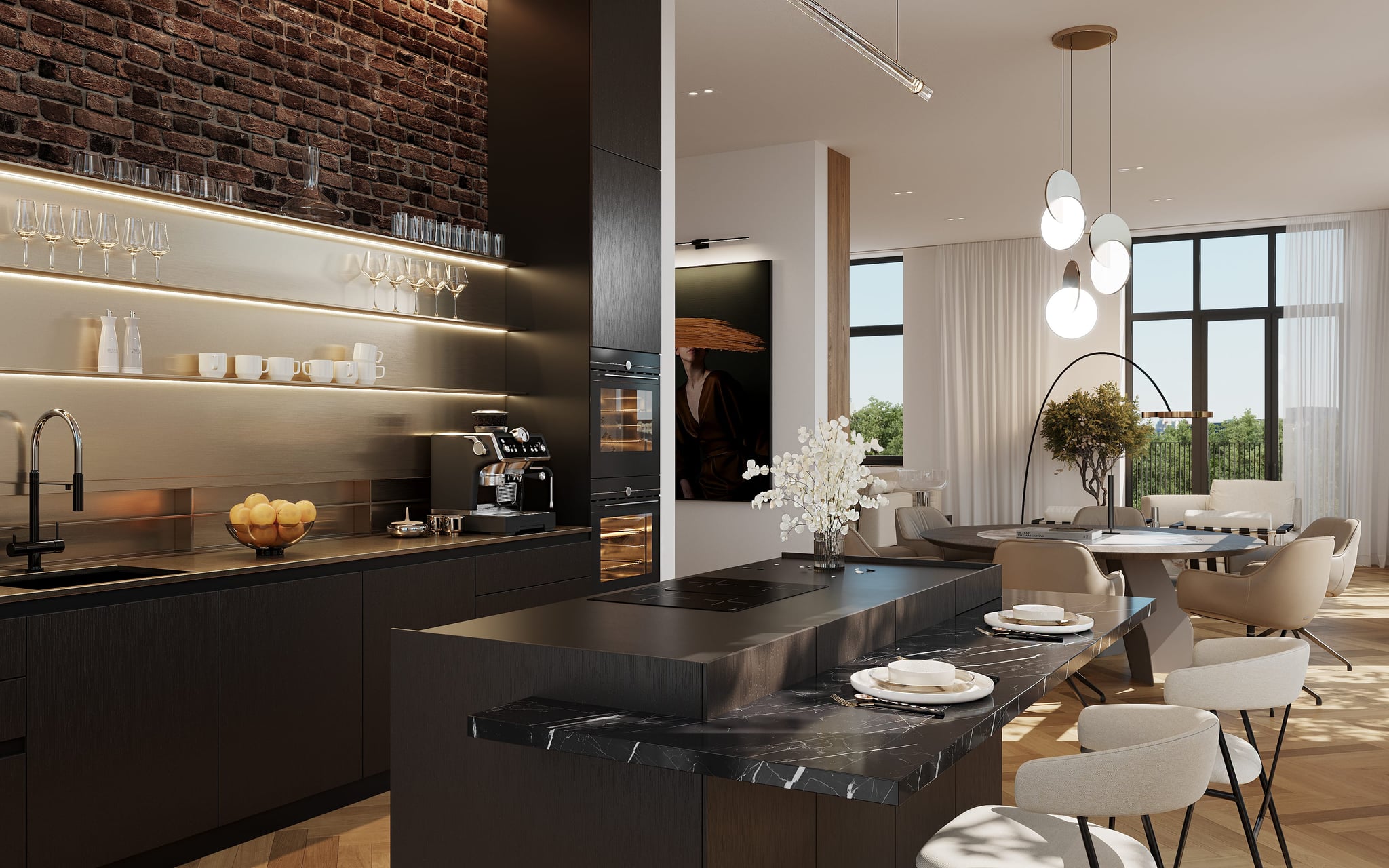 3D rendering of a living room interior in the Kreuzgasse multifamily housing project, featuring modern furnishings and large windows with natural light. 3D rendering of a living room interior in the Kreuzgasse multifamily housing project, featuring modern furnishings and large windows with natural light.