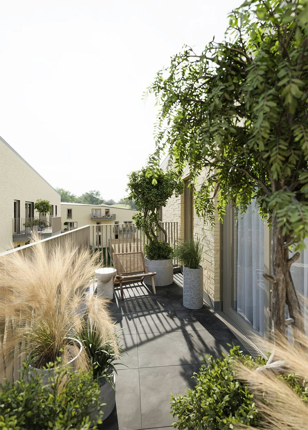 3D Außenvisualisierung Mehrfamilienhaus mit Terrasse Ratingen Deutschland 