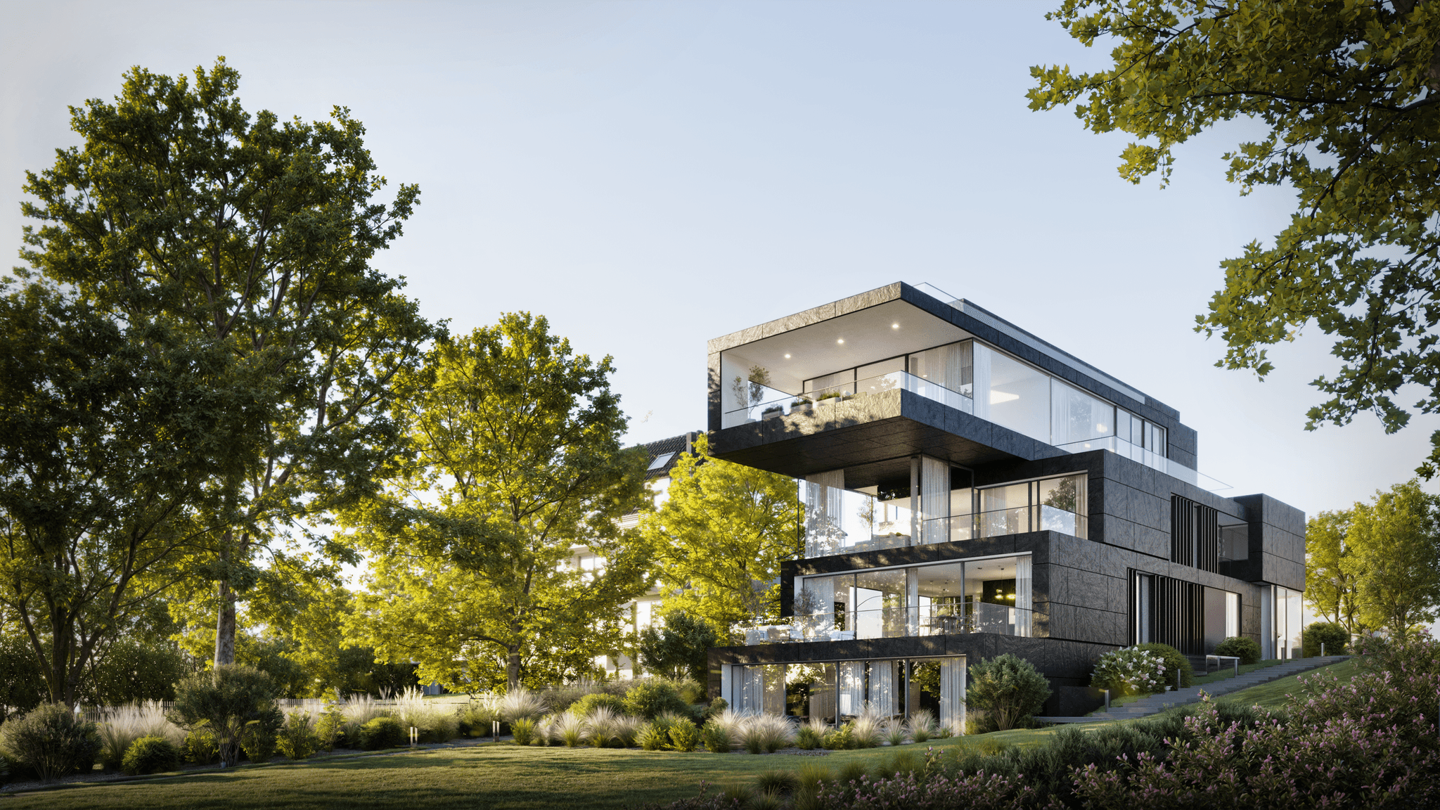 Moderne Architektur des Trabener-Projekts in Berlin, umgeben von grünen Landschaften und Bäumen.