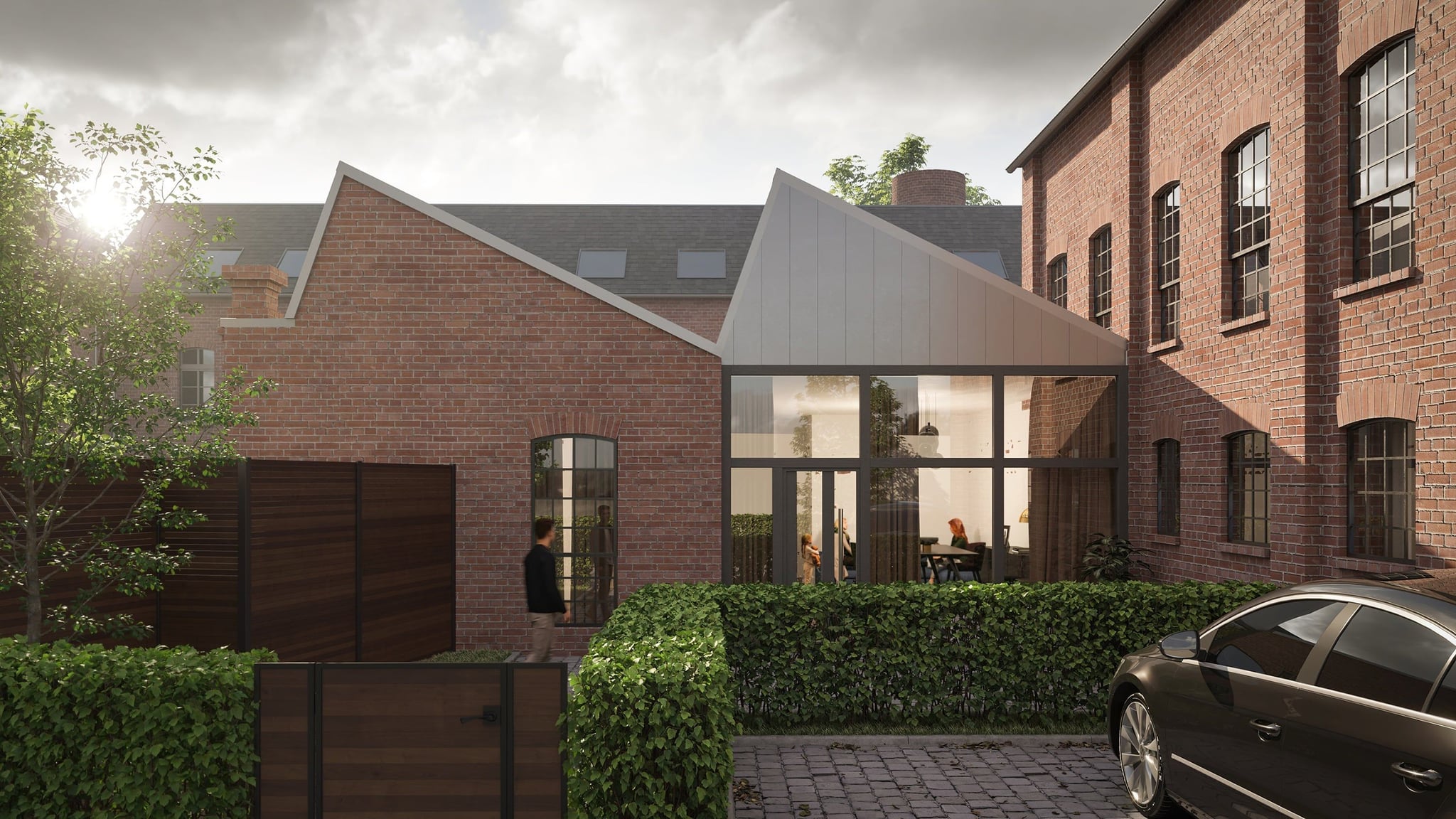 3D Exterior visualization of multifamily renovated historic property with parking spaces and private courtyard 3D Exterior visualization of multifamily renovated historic property with parking spaces and private courtyard