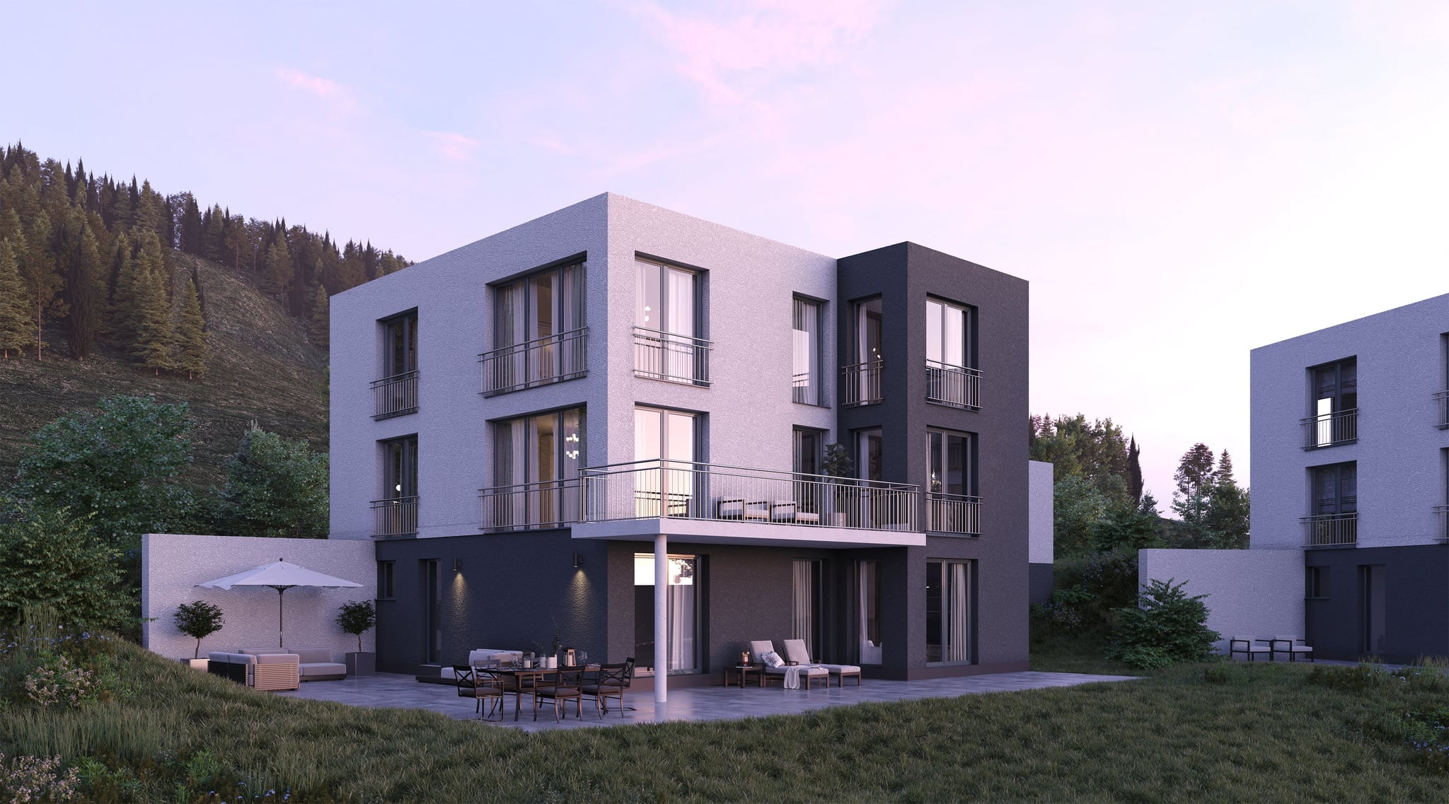3D Visualization of a family house with big private terrace on the hill in nature in Dortmund region Germany 3D Visualization of a family house with big private terrace on the hill in nature in Dortmund region Germany