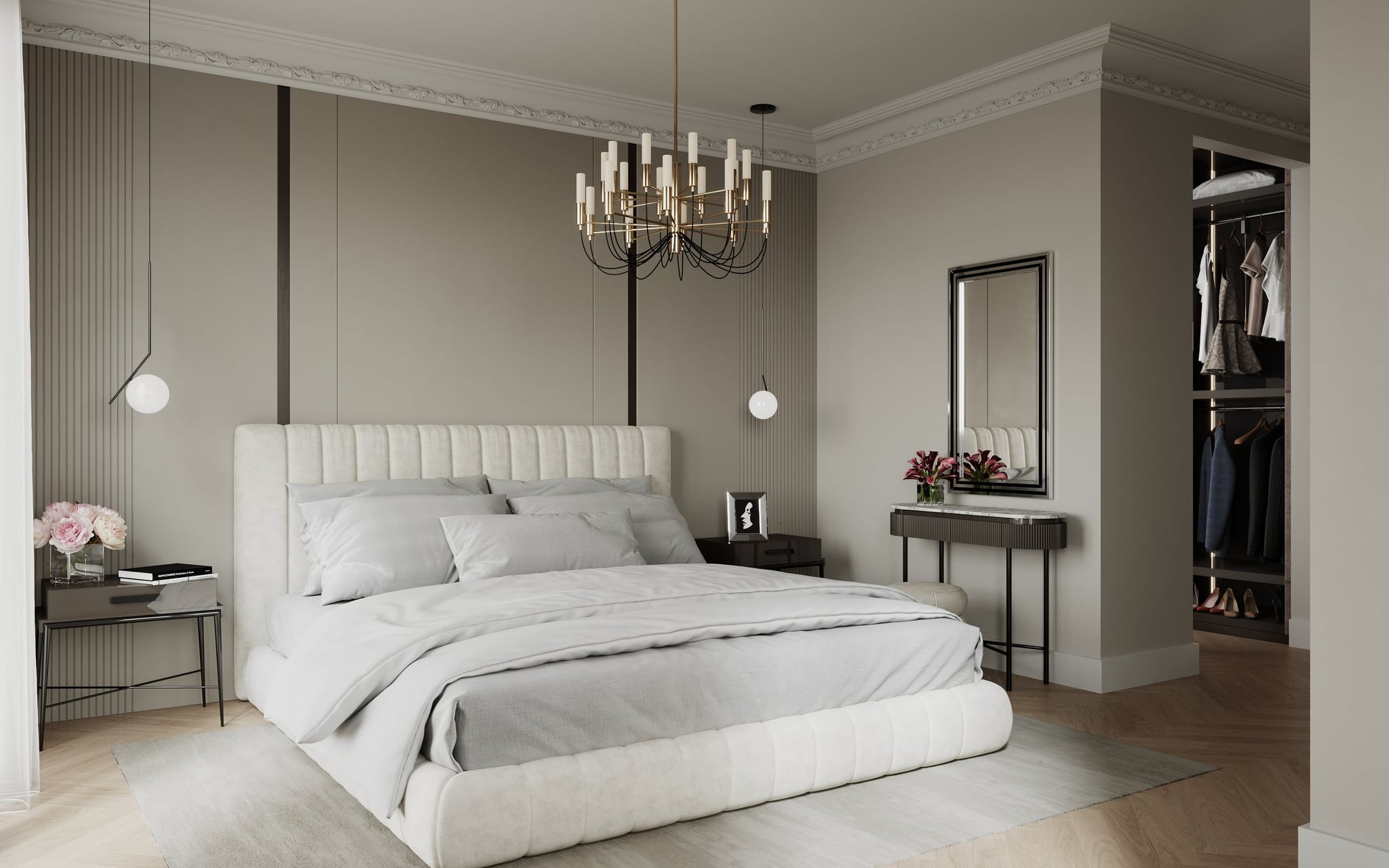 3D Interior Visualization of renovation of bedroom with closet room in old building apartment, Hamburg Germany 3D Interior Visualization of renovation of bedroom with closet room in old building apartment, Hamburg Germany