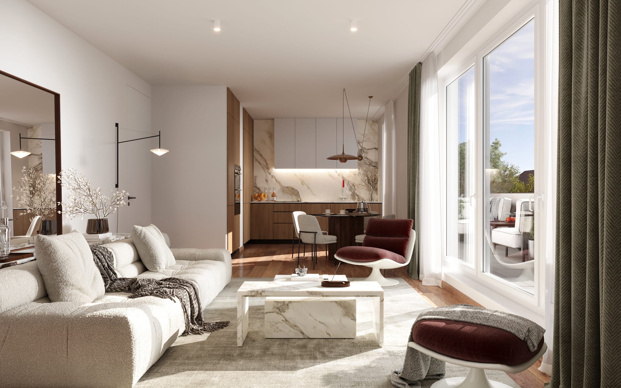 Küche des Lofts mit modernen Geräten, einer eleganten Marmorwand und stilvollem Essbereich. Küche des Lofts mit modernen Geräten, einer eleganten Marmorwand und stilvollem Essbereich.