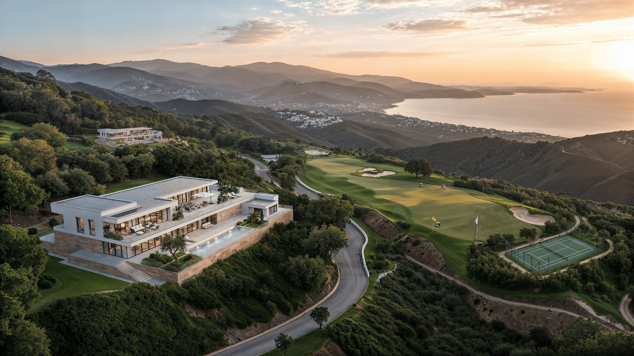 Coastal hillside residence integrated into its real context—terrain, golf course, and sunset lighting