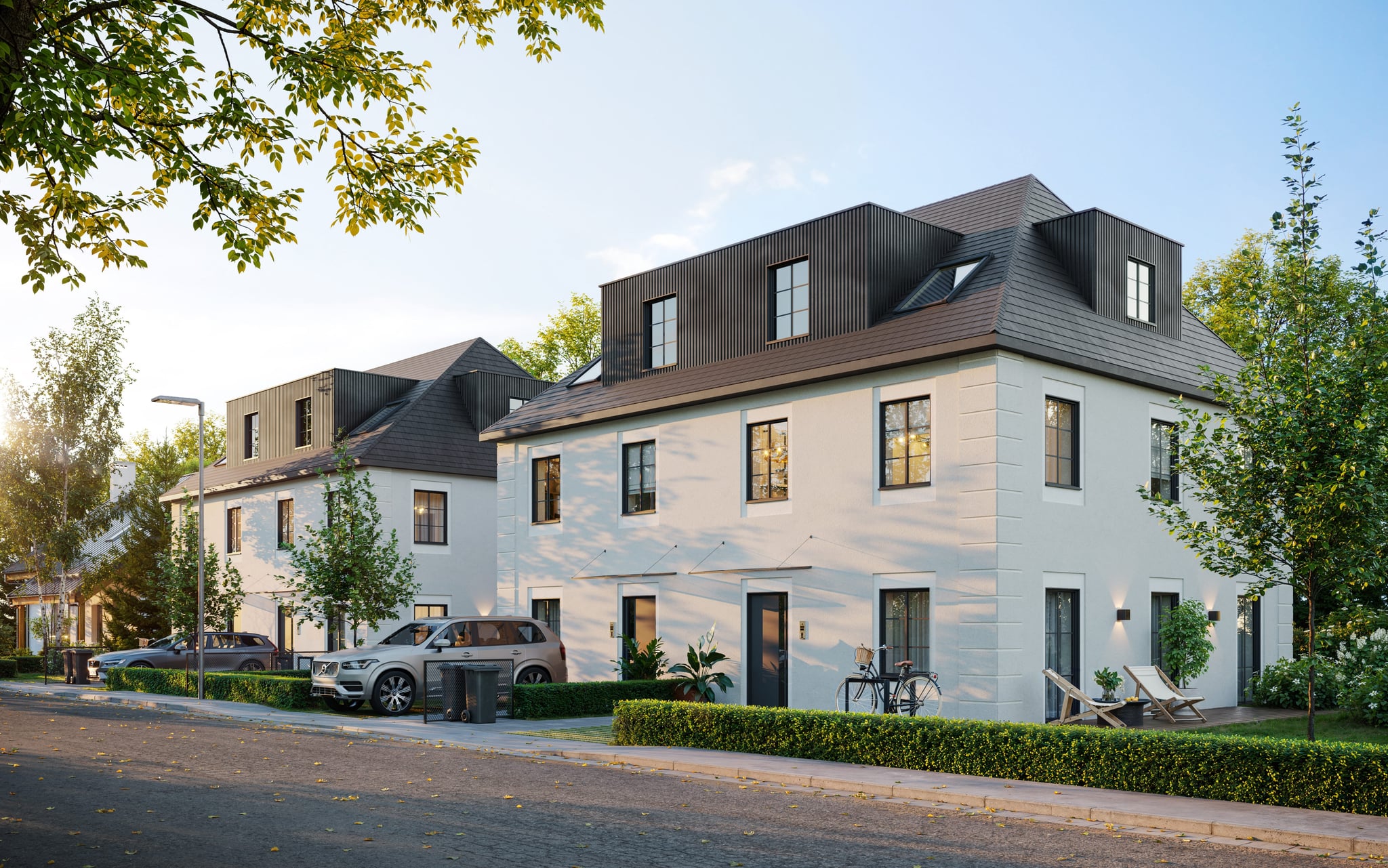 Front-facing exterior 3D rendering of Fortunastraße project showing symmetric townhouse facades, driveway, and surrounding greenery. Front-facing exterior 3D rendering of Fortunastraße project showing symmetric townhouse facades, driveway, and surrounding greenery.