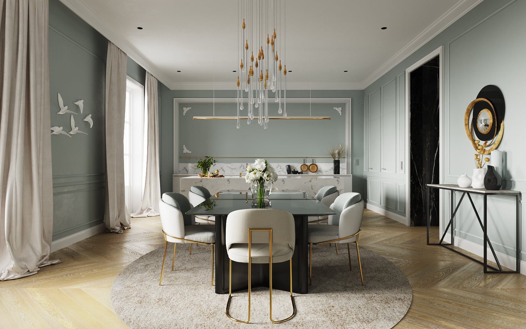 3D Interior Visualization of open space dining room with kitchen in Luxury historical apartment in Hamburg, Germany