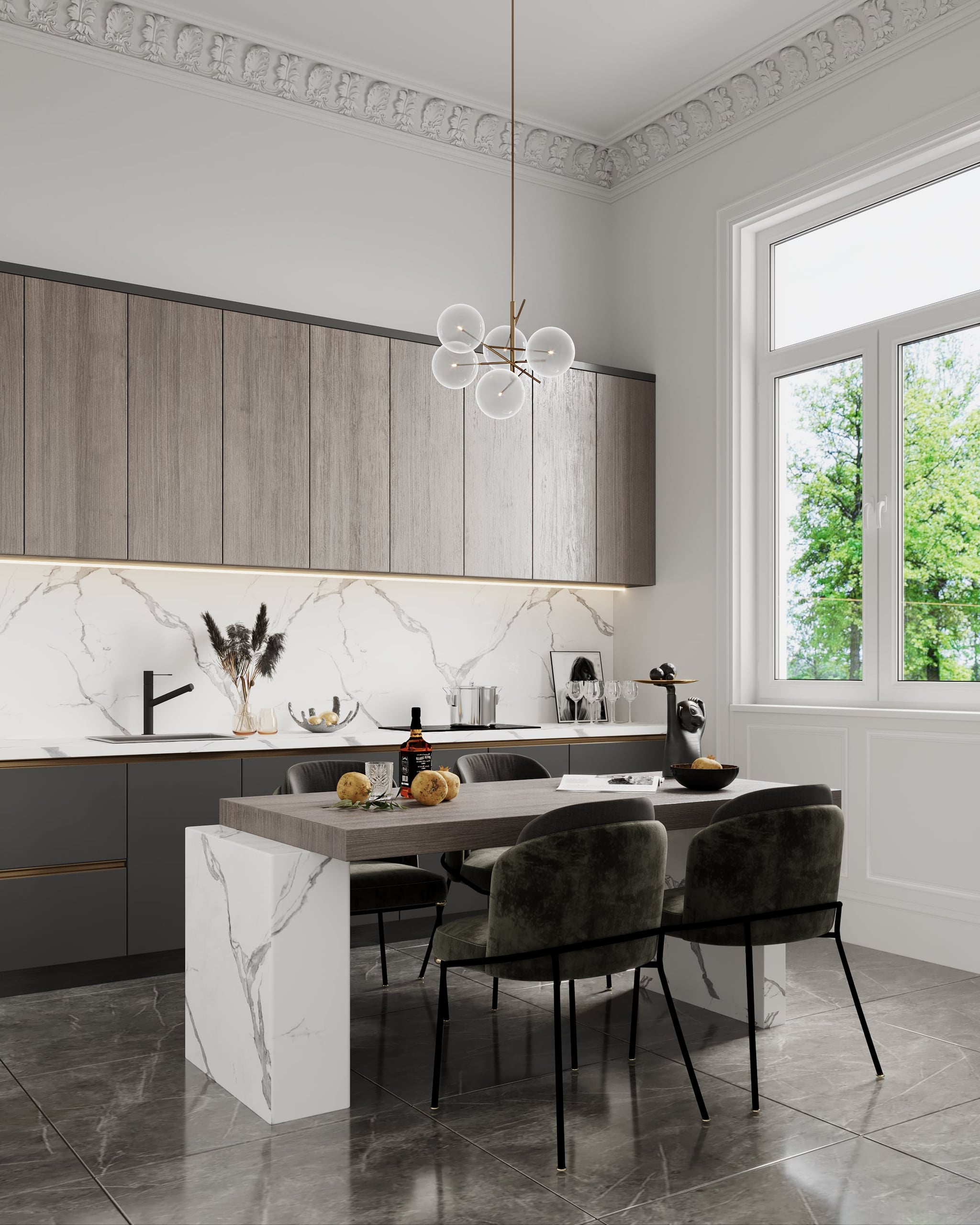 3D Visualization of kitchen with kitchen island in renovated historical apartment in Fliederstrasse, Hamburg 3D Visualization of kitchen with kitchen island in renovated historical apartment in Fliederstrasse, Hamburg