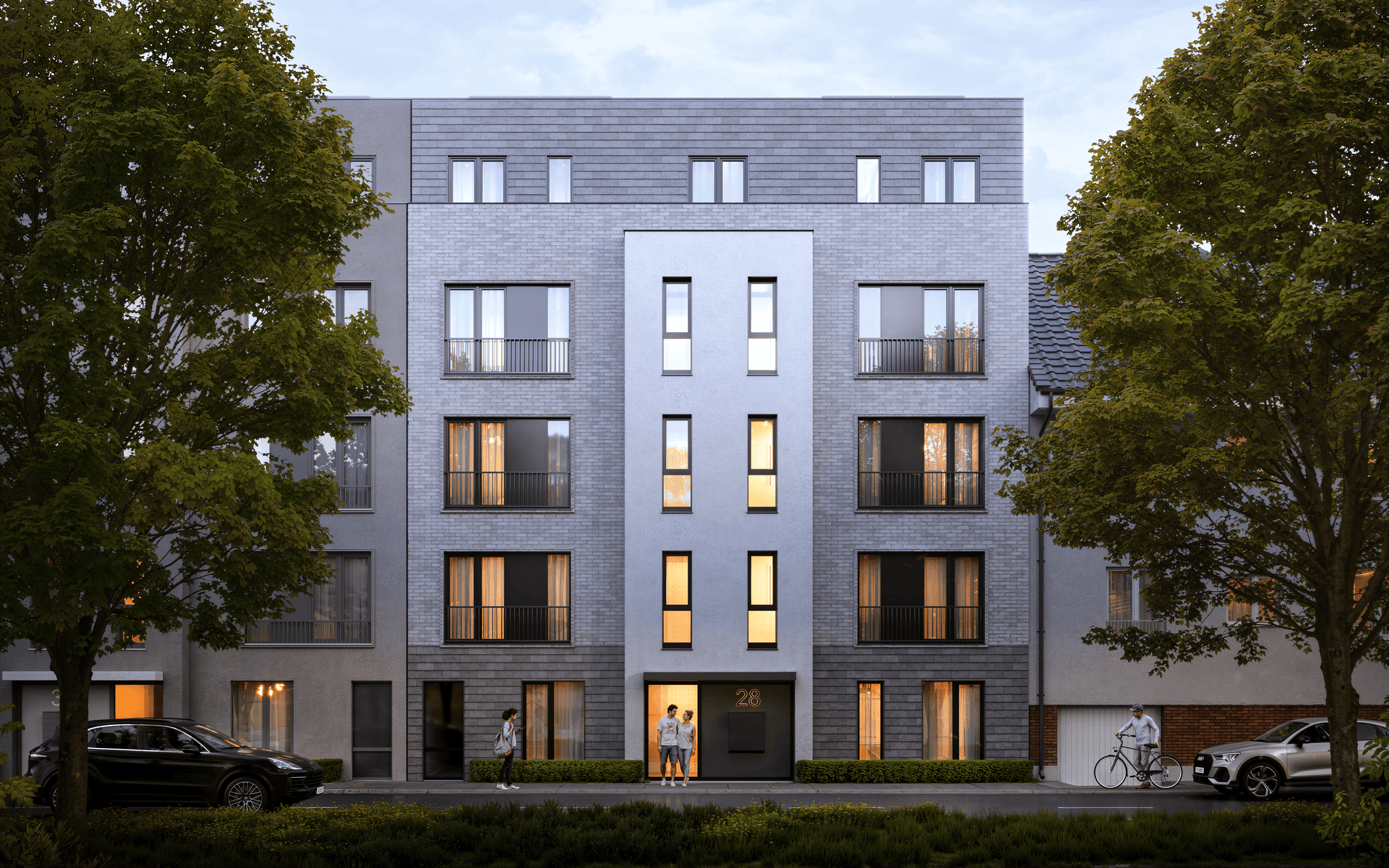 Moderne Außenansicht der Lutteroth Lofts in Eimsbüttel, Hamburg, umgeben von grünen Bäumen und einer urbanen Umgebung. Moderne Außenansicht der Lutteroth Lofts in Eimsbüttel, Hamburg, umgeben von grünen Bäumen und einer urbanen Umgebung.