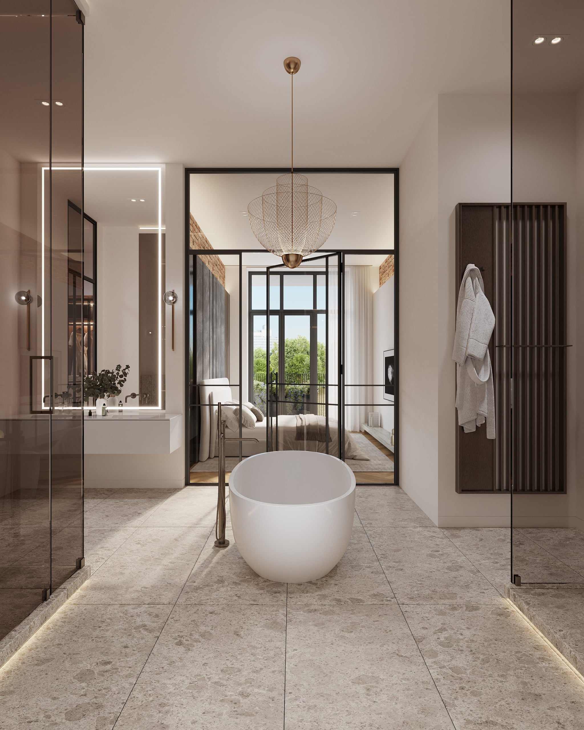 3D rendering of a living room interior in the Kreuzgasse multifamily housing project, featuring modern furnishings and large windows with natural light. 3D rendering of a living room interior in the Kreuzgasse multifamily housing project, featuring modern furnishings and large windows with natural light.