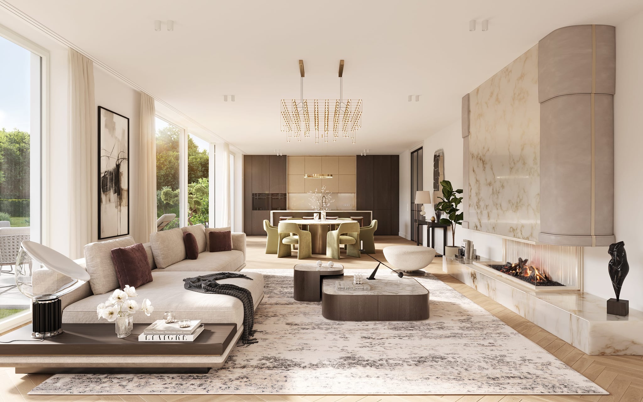 Offener Wohnbereich mit skulpturalem Kamin, großem Esstisch und weichem Tageslicht. Offener Wohnbereich mit skulpturalem Kamin, großem Esstisch und weichem Tageslicht.