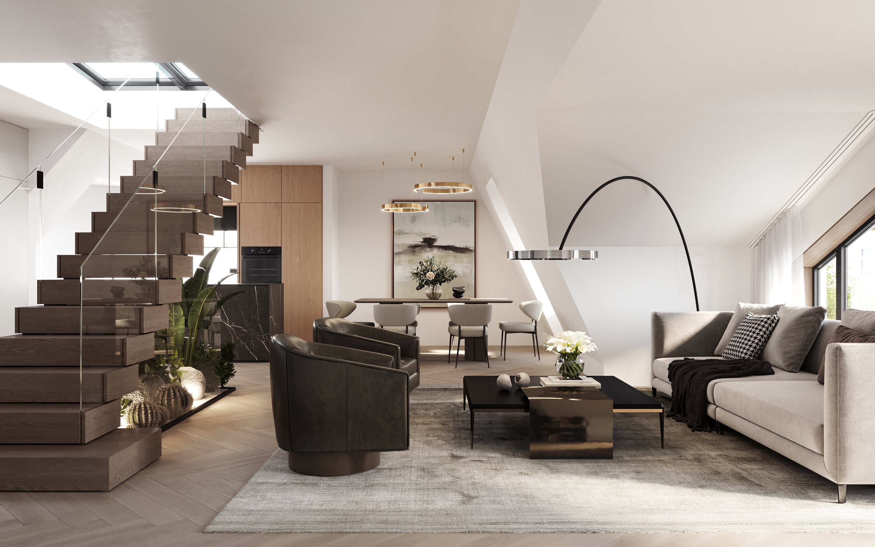 3D Interior Visualization of the living room with dining room and staircase with access to the roof terrace in Winterhude Hamburg Germany 3D Interior Visualization of the living room with dining room and staircase with access to the roof terrace in Winterhude Hamburg Germany
