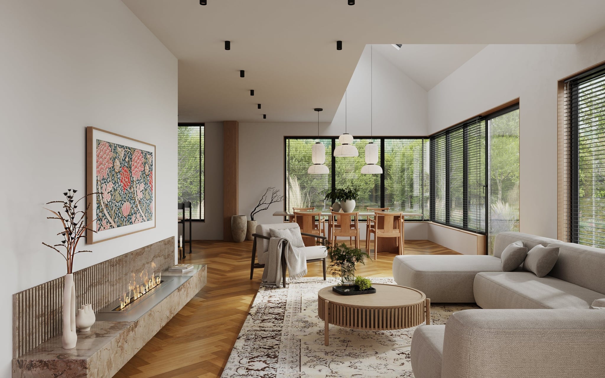 3D Interior Rendering of living room with dining area in eco apartment in Rügen, Germany 3D Interior Rendering of living room with dining area in eco apartment in Rügen, Germany