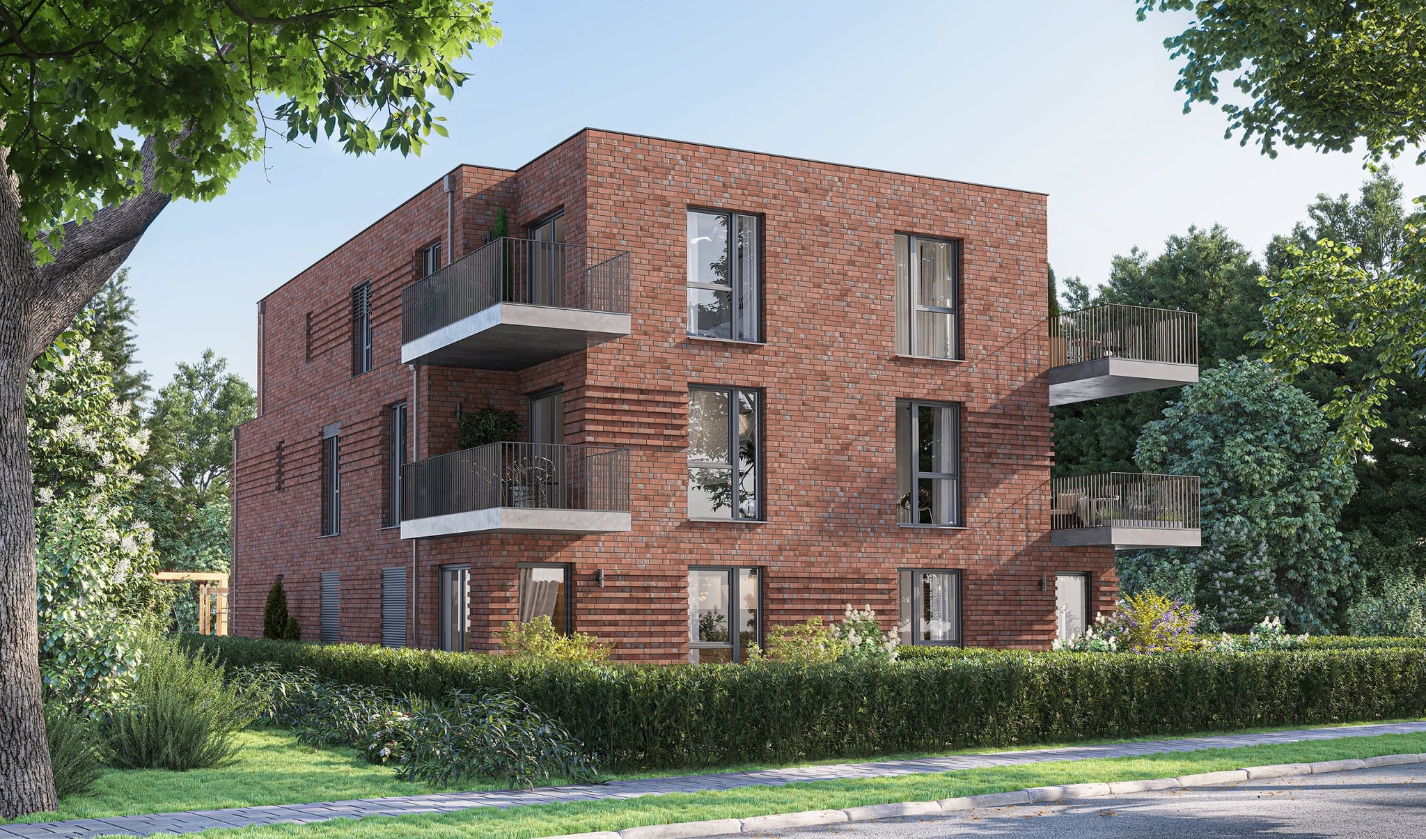 3D Architektur Außenvisualisierung eines Mehrfamilienhauses mit Garten und Balkonen, Hamburg, Deutschland 3D Architektur Außenvisualisierung eines Mehrfamilienhauses mit Garten und Balkonen, Hamburg, Deutschland