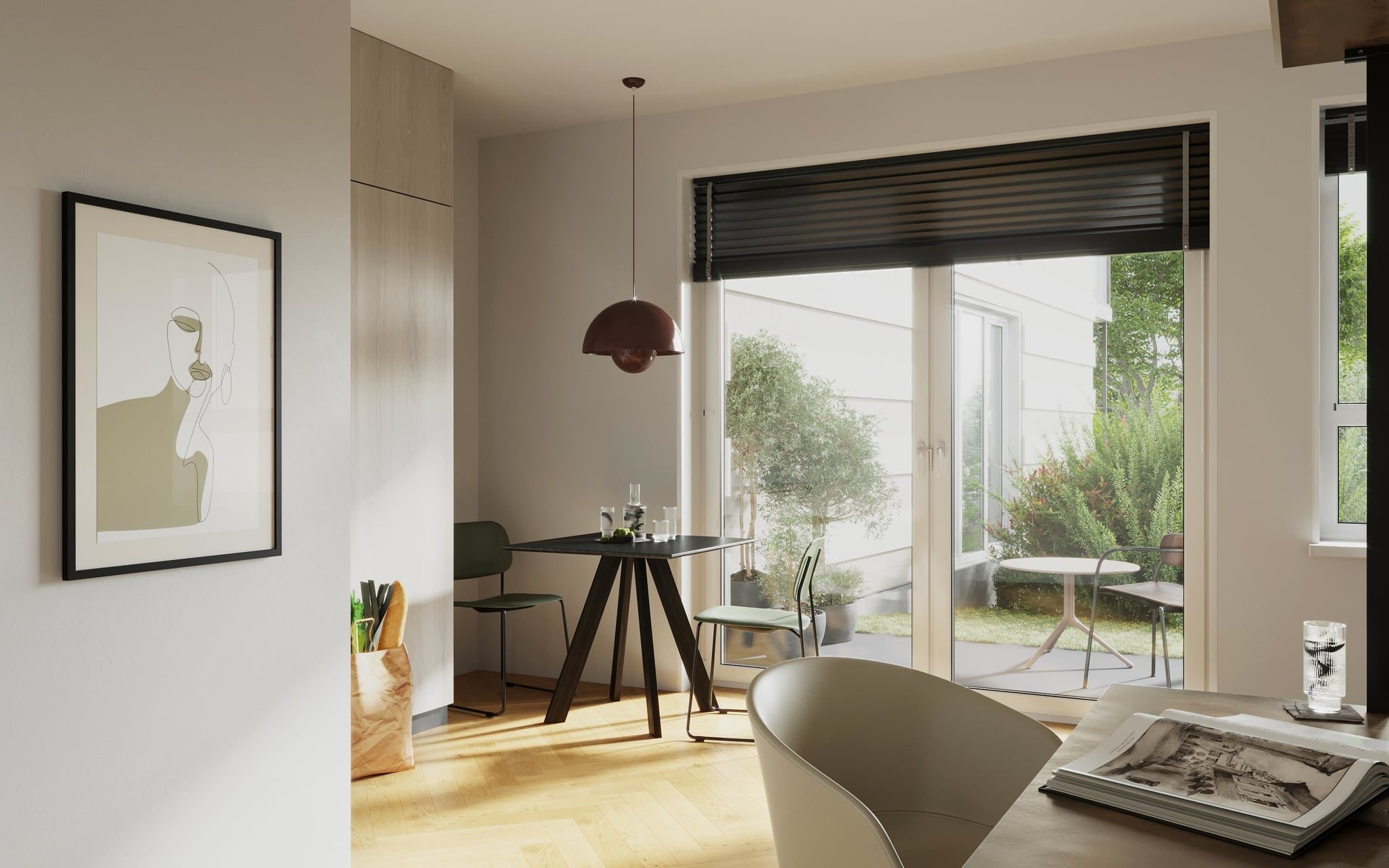 3D Innenvisualisierung von Ess- und Arbeitsbereich mit Blick auf den Garten in einer kleinen Wohnung in der Hindenburgstraße Erlangen, Deutschland 3D Innenvisualisierung von Ess- und Arbeitsbereich mit Blick auf den Garten in einer kleinen Wohnung in der Hindenburgstraße Erlangen, Deutschland