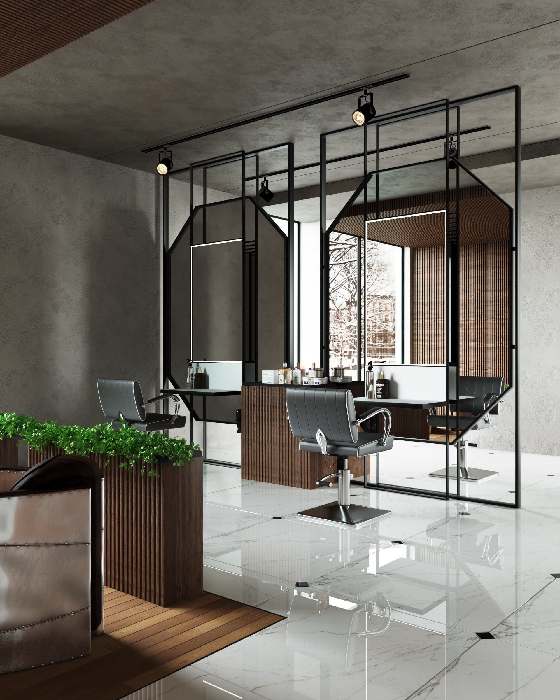 3D architectural visualization of the concept of barbershop for the business property in Berlin, Germany 3D architectural visualization of the concept of barbershop for the business property in Berlin, Germany