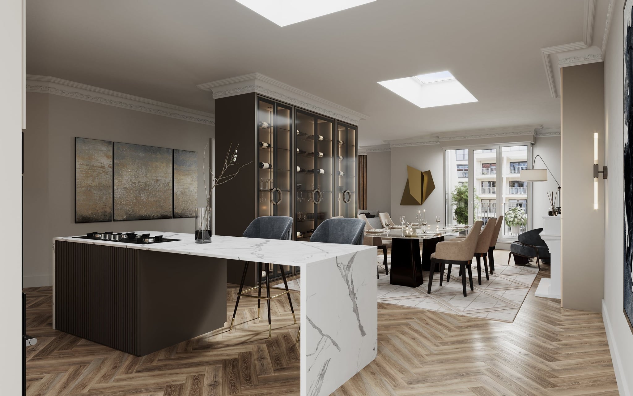 3D architectural Visualization of open space kitchen with dining room in renovated old building apartment, Hamburg Germany 3D architectural Visualization of open space kitchen with dining room in renovated old building apartment, Hamburg Germany