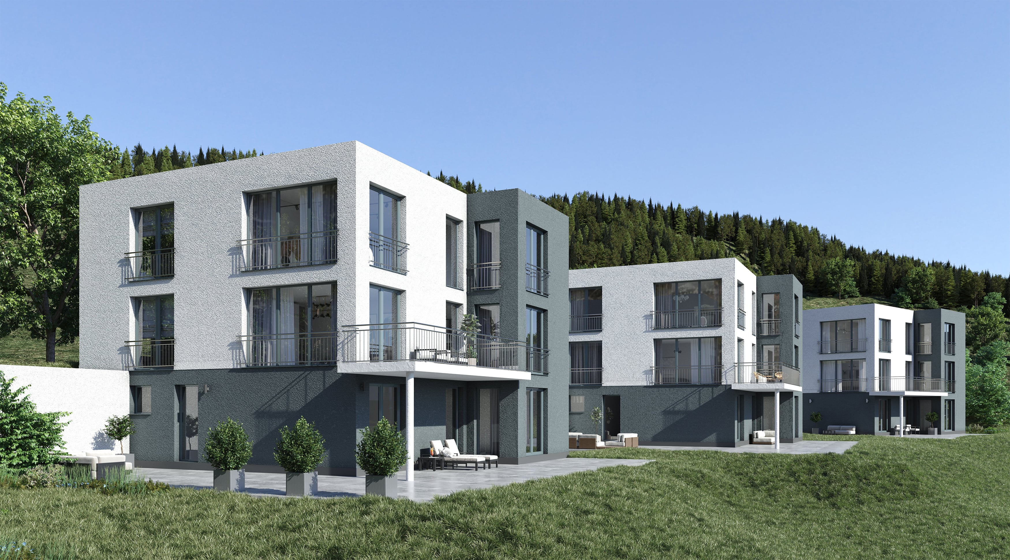 3D Exterior Visualization of one family houses with the terrace on the hill in Dortmund Germany 3D Exterior Visualization of one family houses with the terrace on the hill in Dortmund Germany