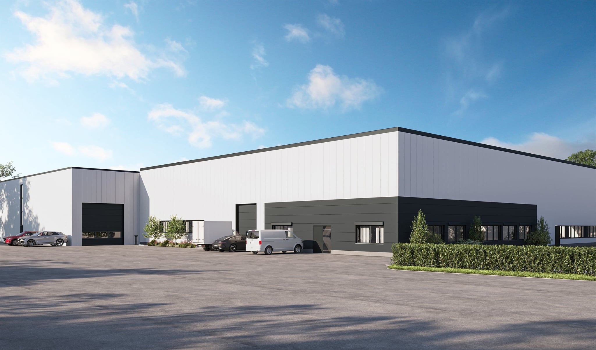 3D Architektur Visualisierung der Renovierung einer Halle mit Parkplatz in Lemgo, Deutschland 3D Architektur Visualisierung der Renovierung einer Halle mit Parkplatz in Lemgo, Deutschland