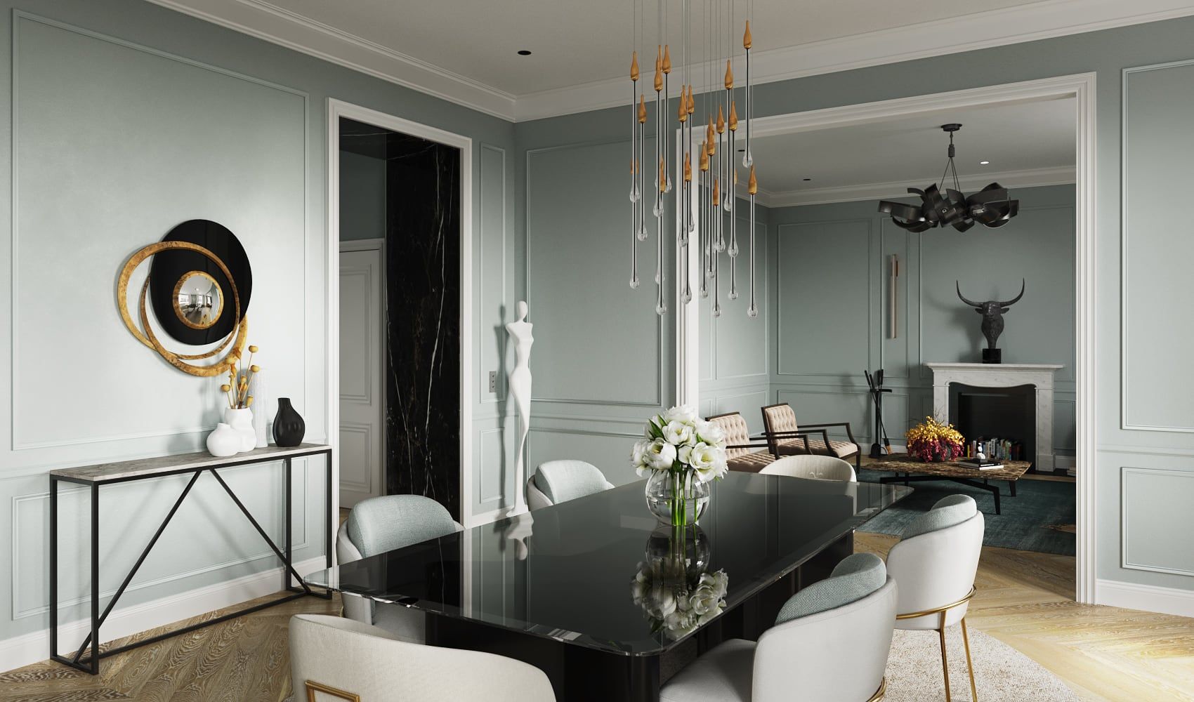 3D Architekturvisualisierung eines offenen Esszimmers mit Wohnzimmer in einer historischen Altbau Luxuswohnung in Hamburg, Deutschland 3D Architekturvisualisierung eines offenen Esszimmers mit Wohnzimmer in einer historischen Altbau Luxuswohnung in Hamburg, Deutschland