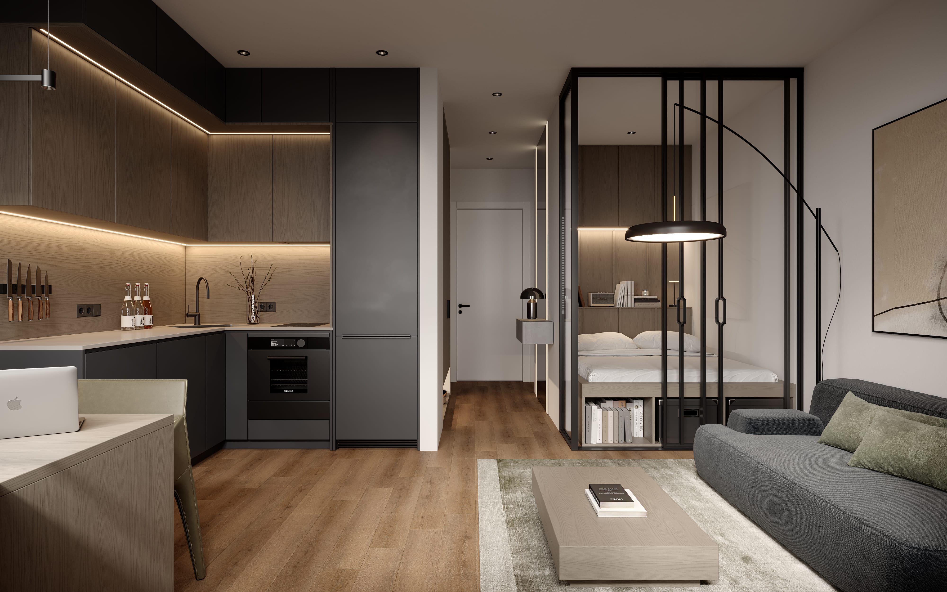Treppenhaus des Barcastraße Projekts mit eleganten Details, Chevron-Muster und Eisen-Treppengeländer. Treppenhaus des Barcastraße Projekts mit eleganten Details, Chevron-Muster und Eisen-Treppengeländer.