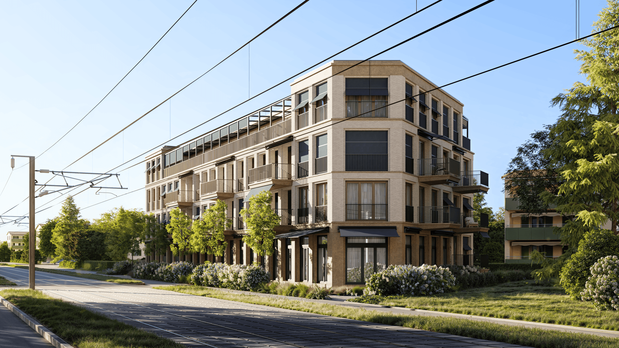 Eine detaillierte 3D-Visualisierung des zentralen Innenhofs von Winter mit geschwungenen architektonischen Linien, gestalteten Gärten und Balkonen mit modernen Geländern. Eine detaillierte 3D-Visualisierung des zentralen Innenhofs von Winter mit geschwungenen architektonischen Linien, gestalteten Gärten und Balkonen mit modernen Geländern.