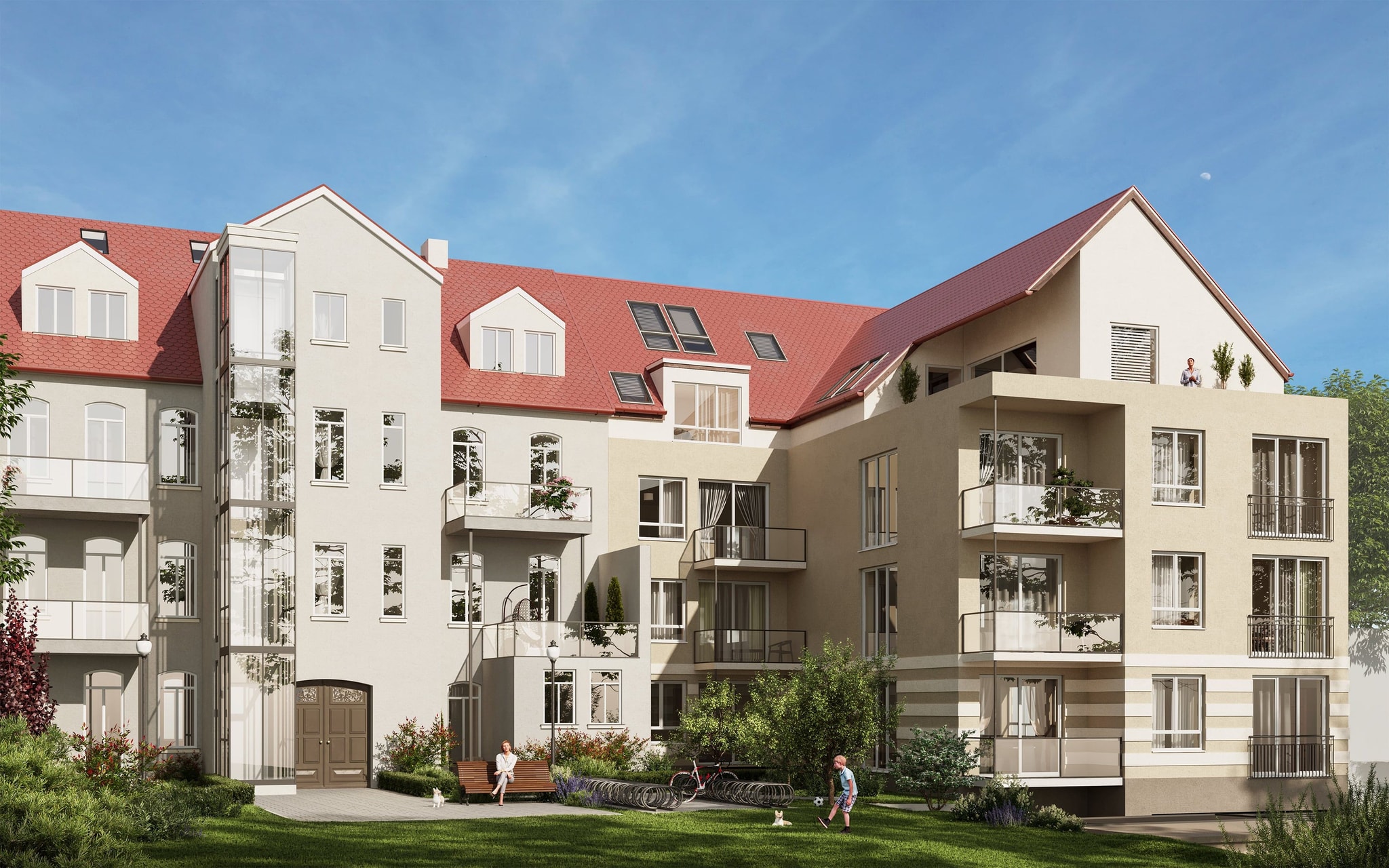 3D Außenvisualisierung eines Altbaus mit Hinterhof und Miniwohnungen in der Hindenburgstraße Erlangen, Deutschland
