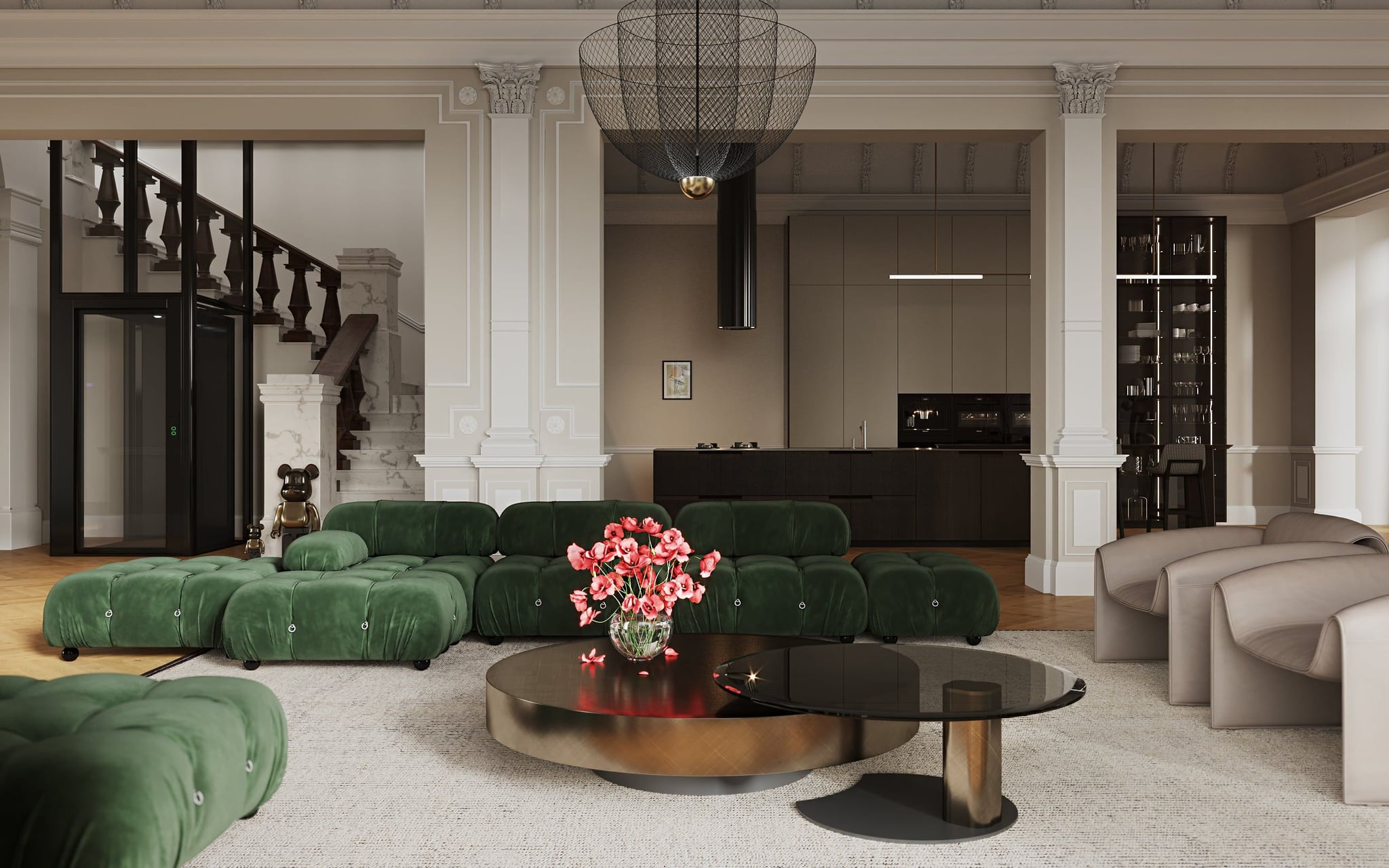 3D Architektur Innenraum Visualisierung eines Wohnzimmers mit Küche in einer Privatvilla in Hamburg, Deutschland 3D Architektur Innenraum Visualisierung eines Wohnzimmers mit Küche in einer Privatvilla in Hamburg, Deutschland