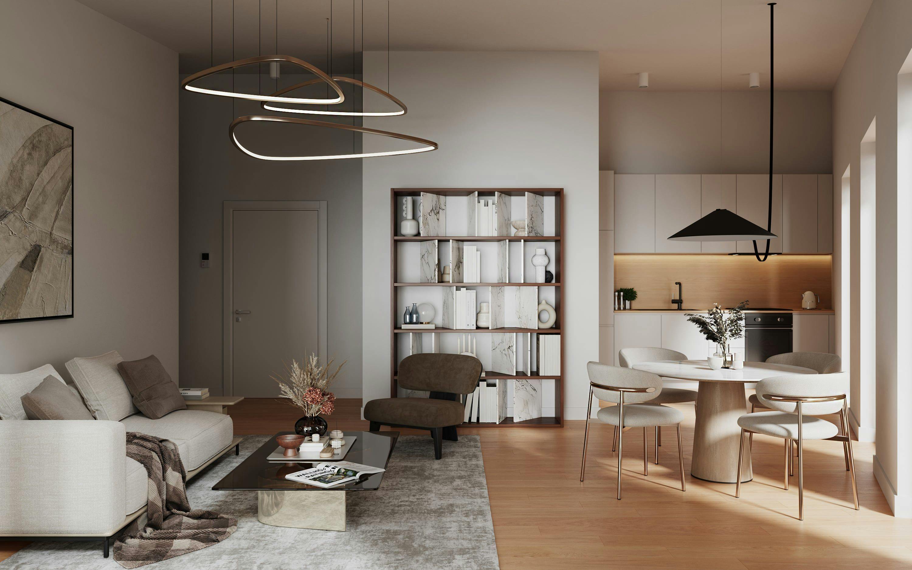 3D Innenvisualisierung Wohnzimmer mit Küche und Essbereich Ratingen Deutschland