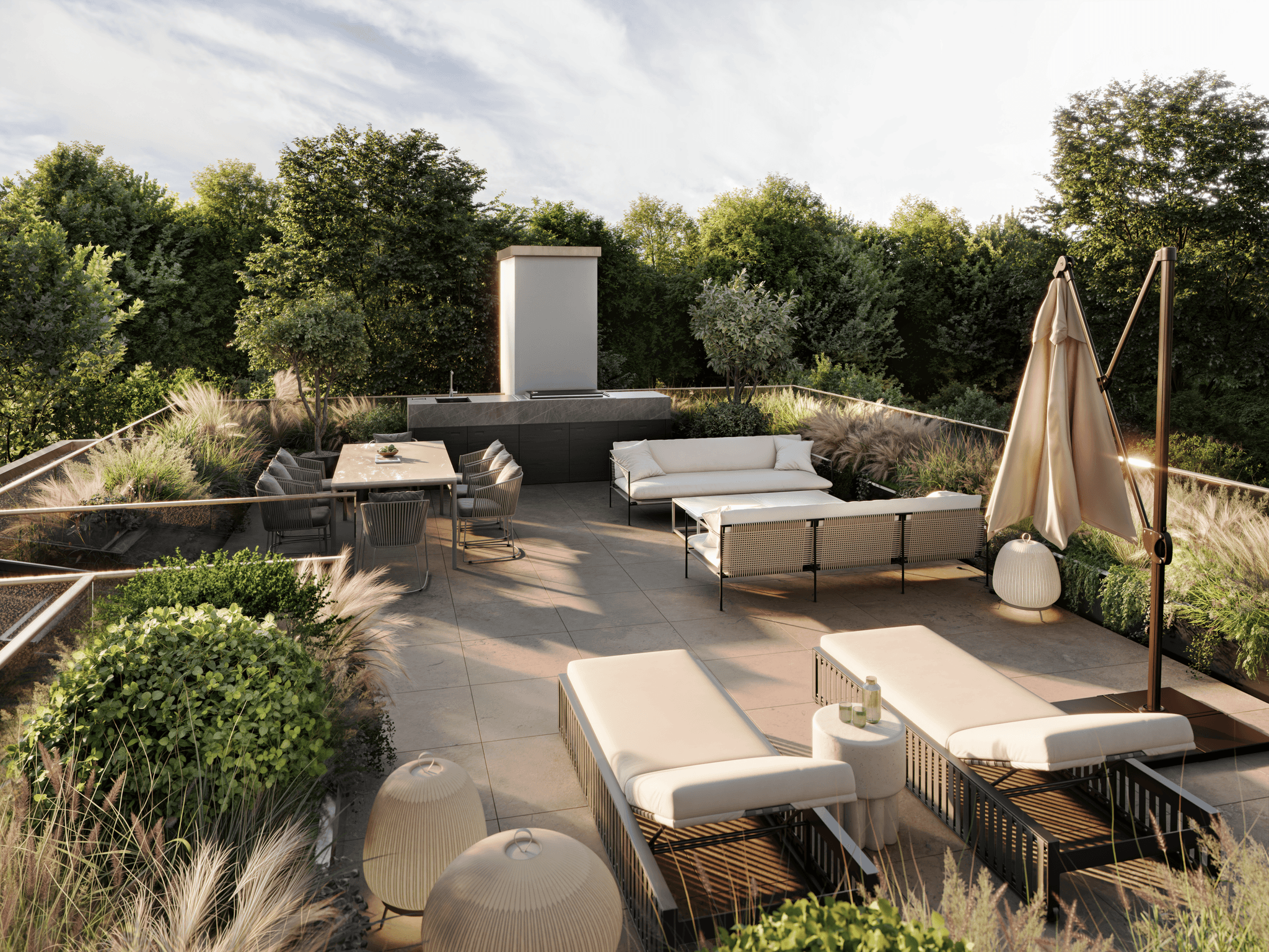 Visualisierung der Dachterrasse mit Lounge, Essbereich und üppiger Bepflanzung bei weichem Abendlicht. Visualisierung der Dachterrasse mit Lounge, Essbereich und üppiger Bepflanzung bei weichem Abendlicht.