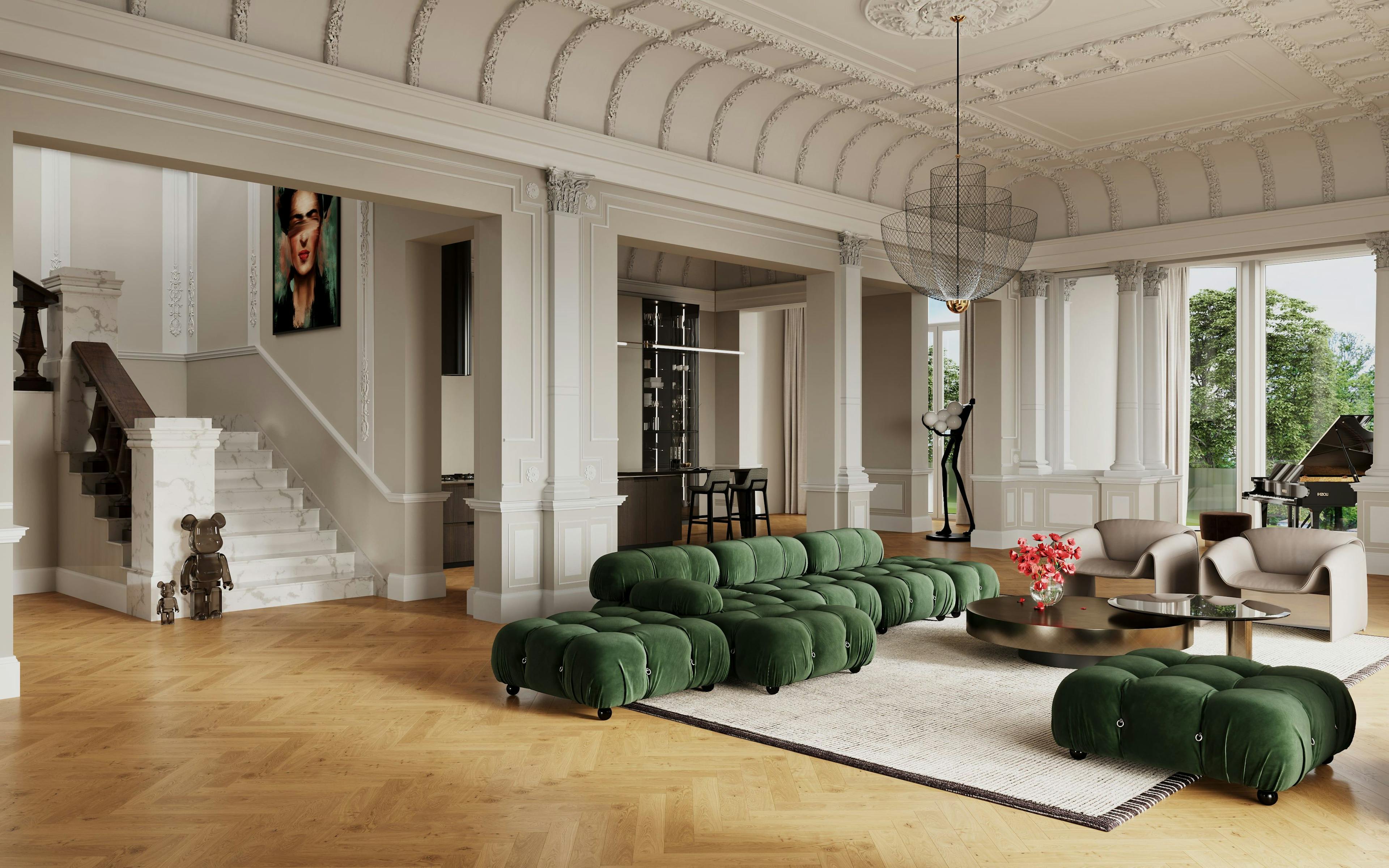 3D Architektur Innenvisualisierung eines Wohnzimmers in einer Privatvilla in Hamburg, Deutschland