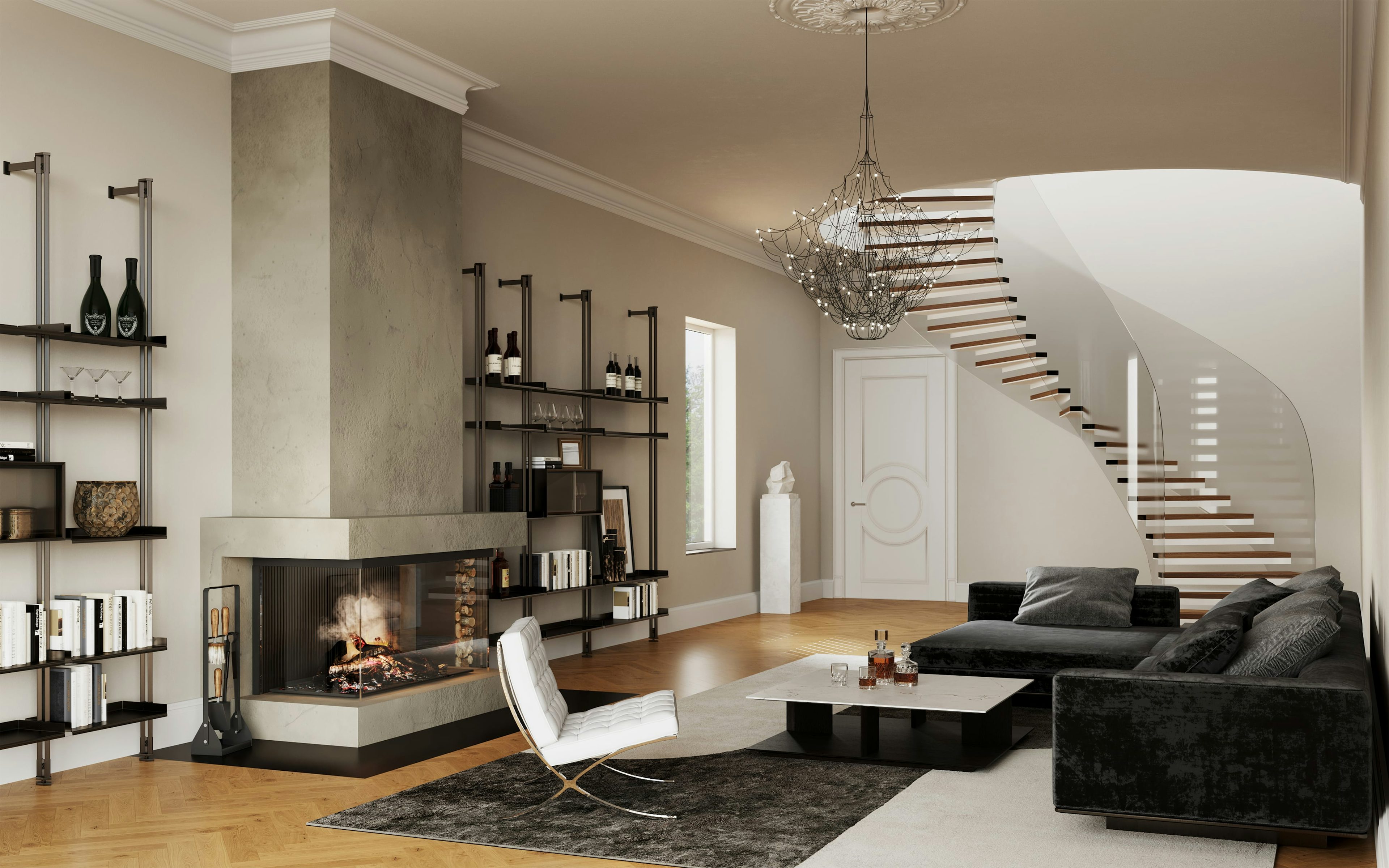 3D Architectural interior visualization of living room / study / library with fireplace and staircase in private villa in Hamburg Germany