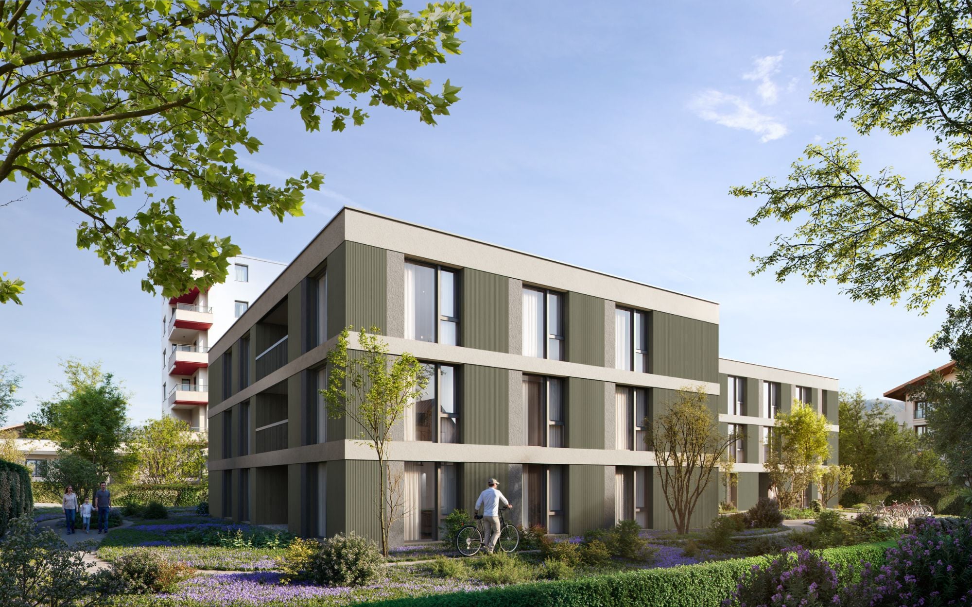 Straßenansicht von Aventis Neuenhof mit minimalistischer Architektur, großzügigen Balkonen und gestalteter Umgebung. Straßenansicht von Aventis Neuenhof mit minimalistischer Architektur, großzügigen Balkonen und gestalteter Umgebung.