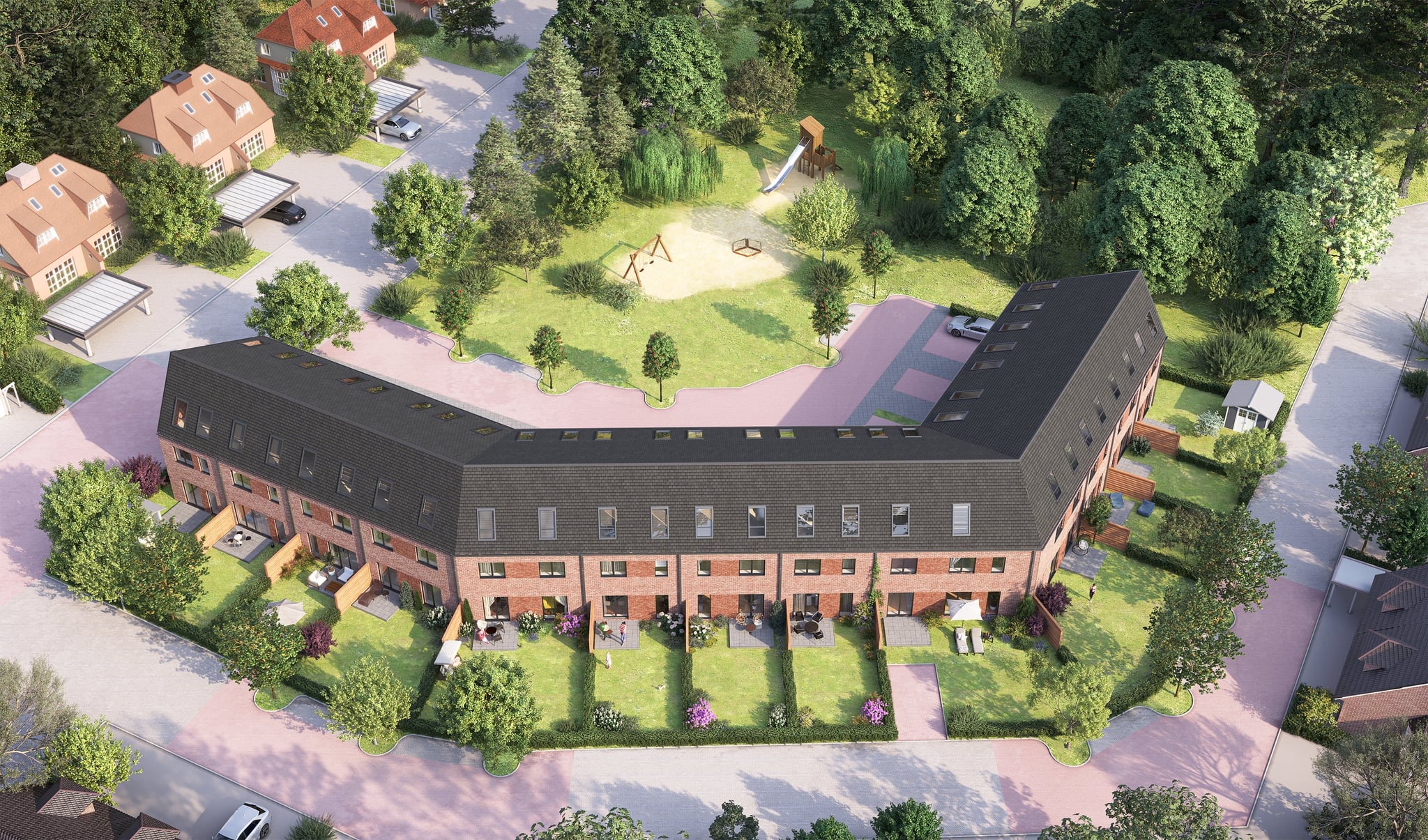 3D Visualization of townhouses with the private parking, park and kinder playground in Norderstedt Germany 3D Visualization of townhouses with the private parking, park and kinder playground in Norderstedt Germany