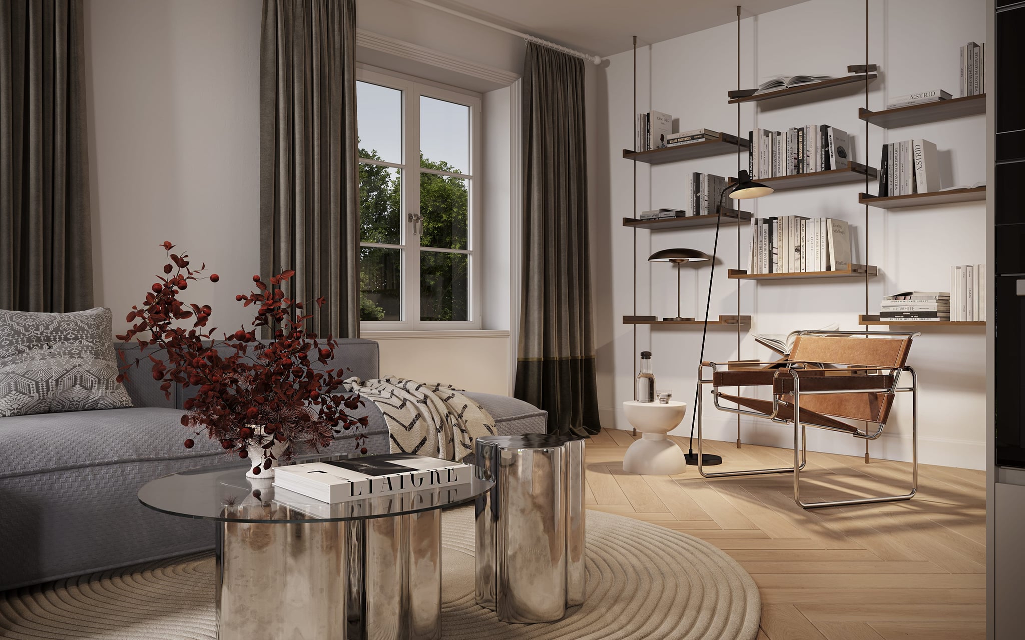 Bright and minimalistic bedroom with free-standing bathtub, textured rug, and soft natural light from dormer and gable windows. Bright and minimalistic bedroom with free-standing bathtub, textured rug, and soft natural light from dormer and gable windows.