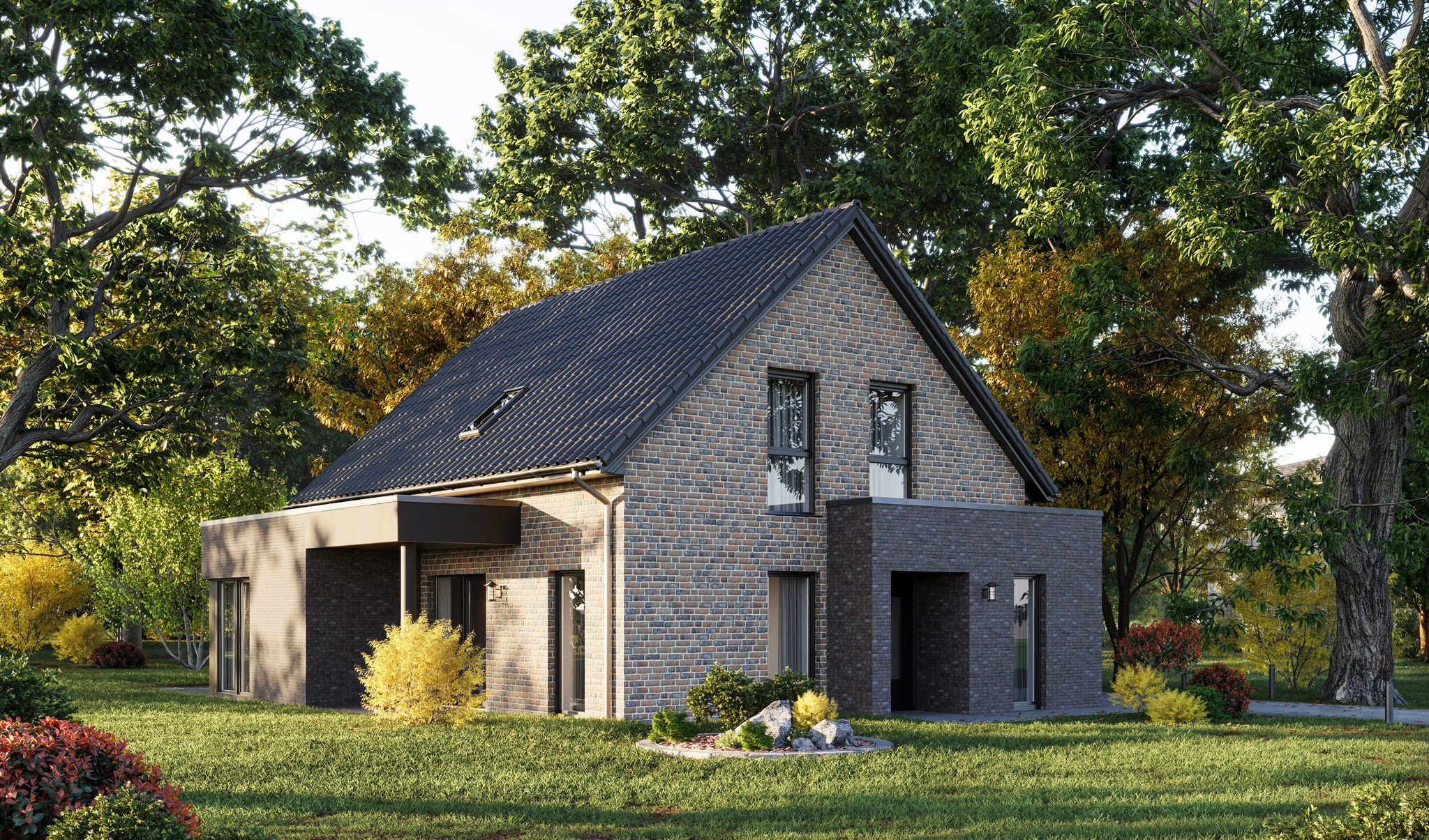 Fotorealistische 3D-Visualisierung von Haus Nr. 10 mit Ziegelfassade, großem Garten und modernem Design. Fotorealistische 3D-Visualisierung von Haus Nr. 10 mit Ziegelfassade, großem Garten und modernem Design.