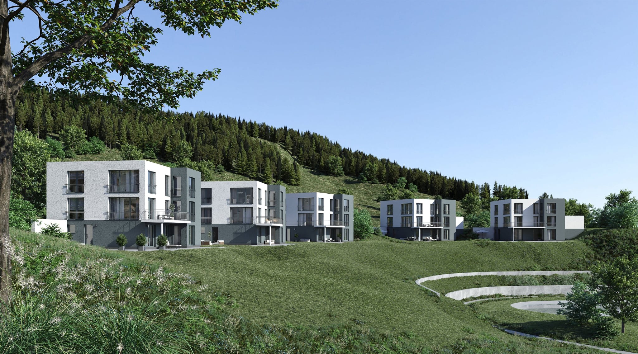 3D Architectural Visualization of group of one family houses with the terrace on the hill in nature in Dortmund region Germany 3D Architectural Visualization of group of one family houses with the terrace on the hill in nature in Dortmund region Germany