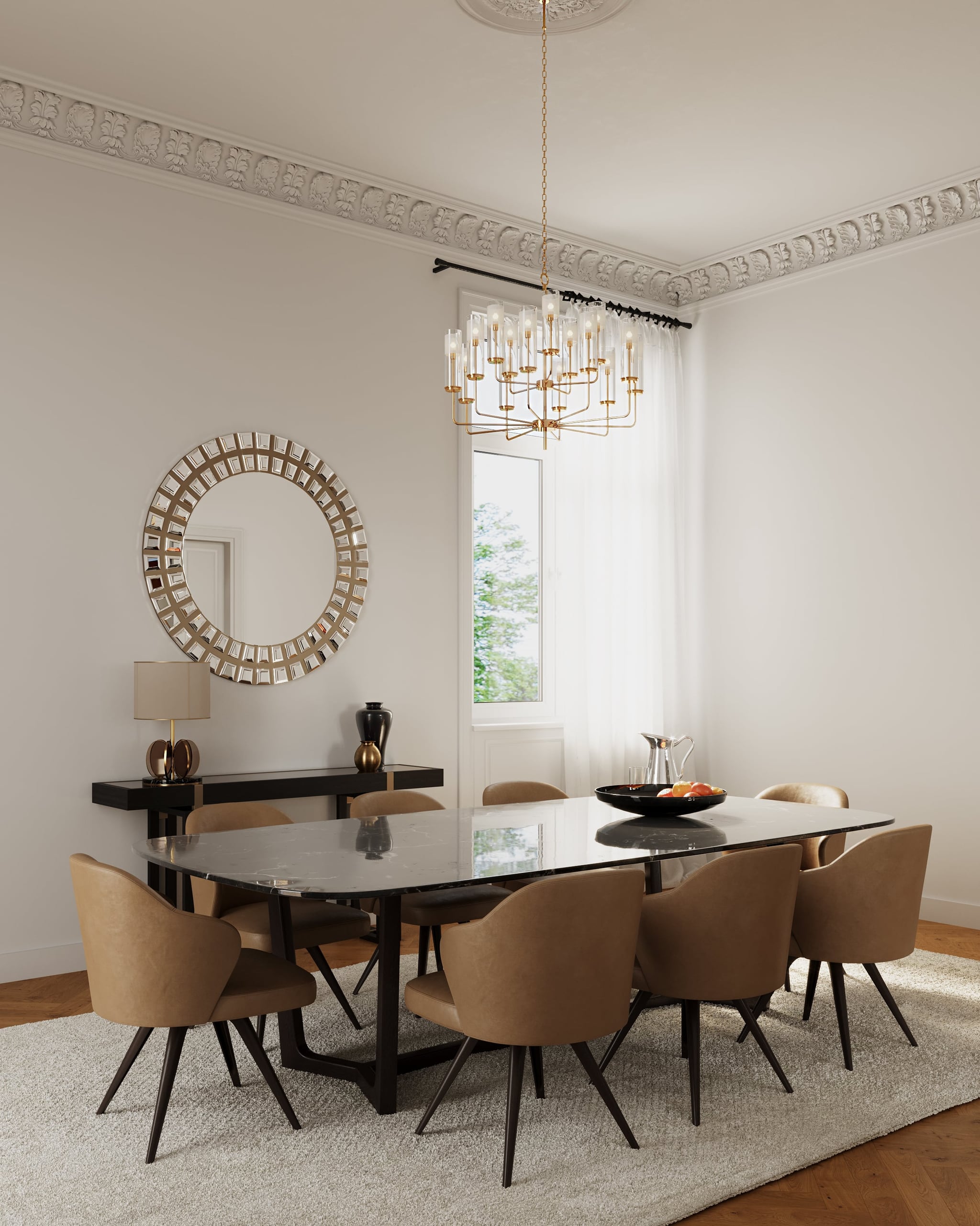 3D Architectural Interior Visualization of Dining room in renovated historical apartment in Fliederstrasse, Hamburg 3D Architectural Interior Visualization of Dining room in renovated historical apartment in Fliederstrasse, Hamburg